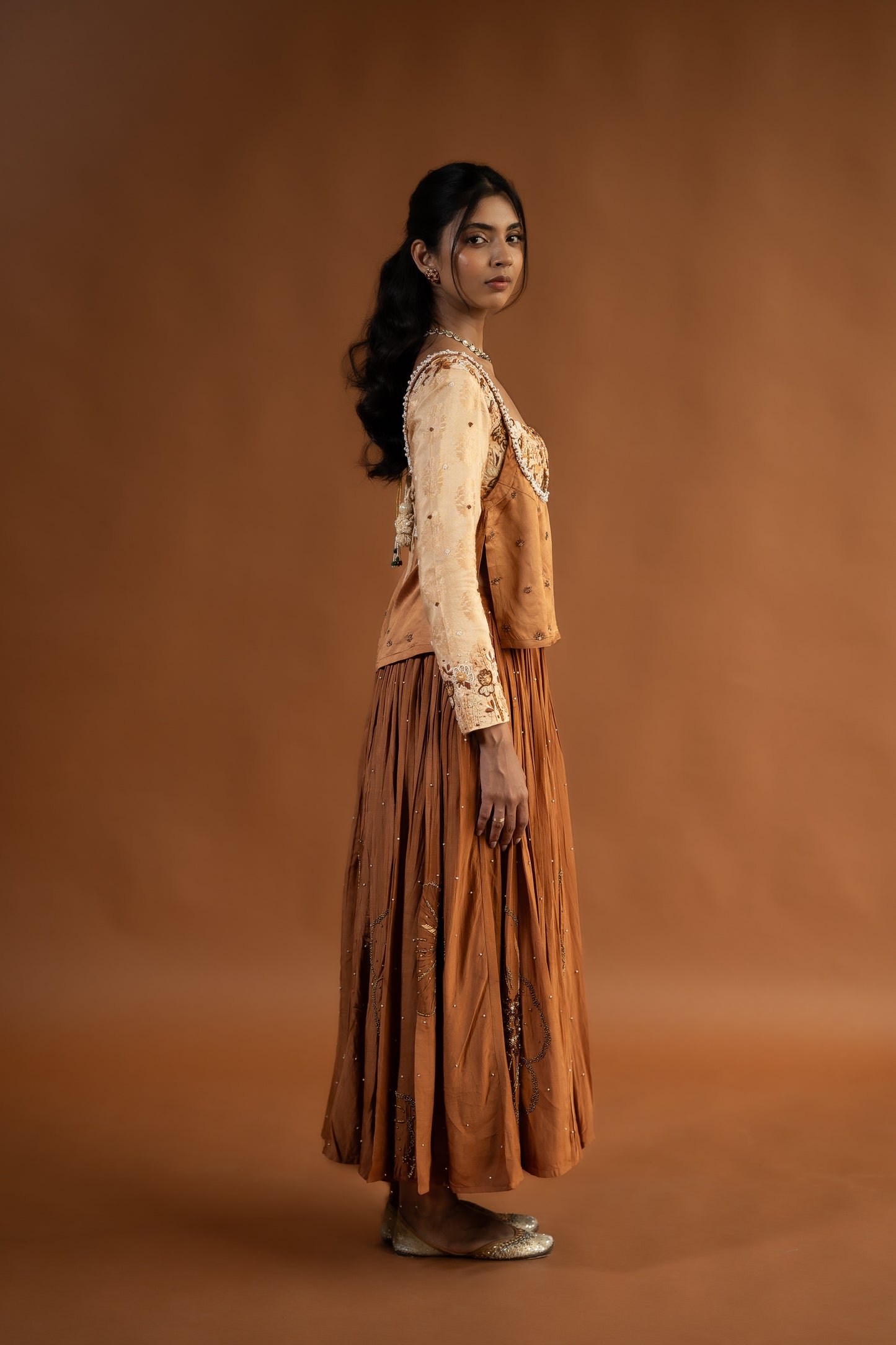 "Dridh" - Monochrome appliqué embroidered ghagra set.