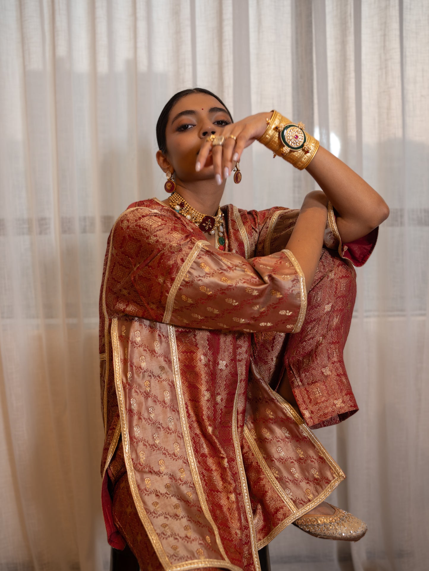 "Shakti" - Metallic vintage red banarasi silk jacket set.