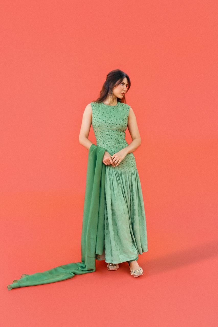"Verdure" - Green embroidered contemporary anarkali set.