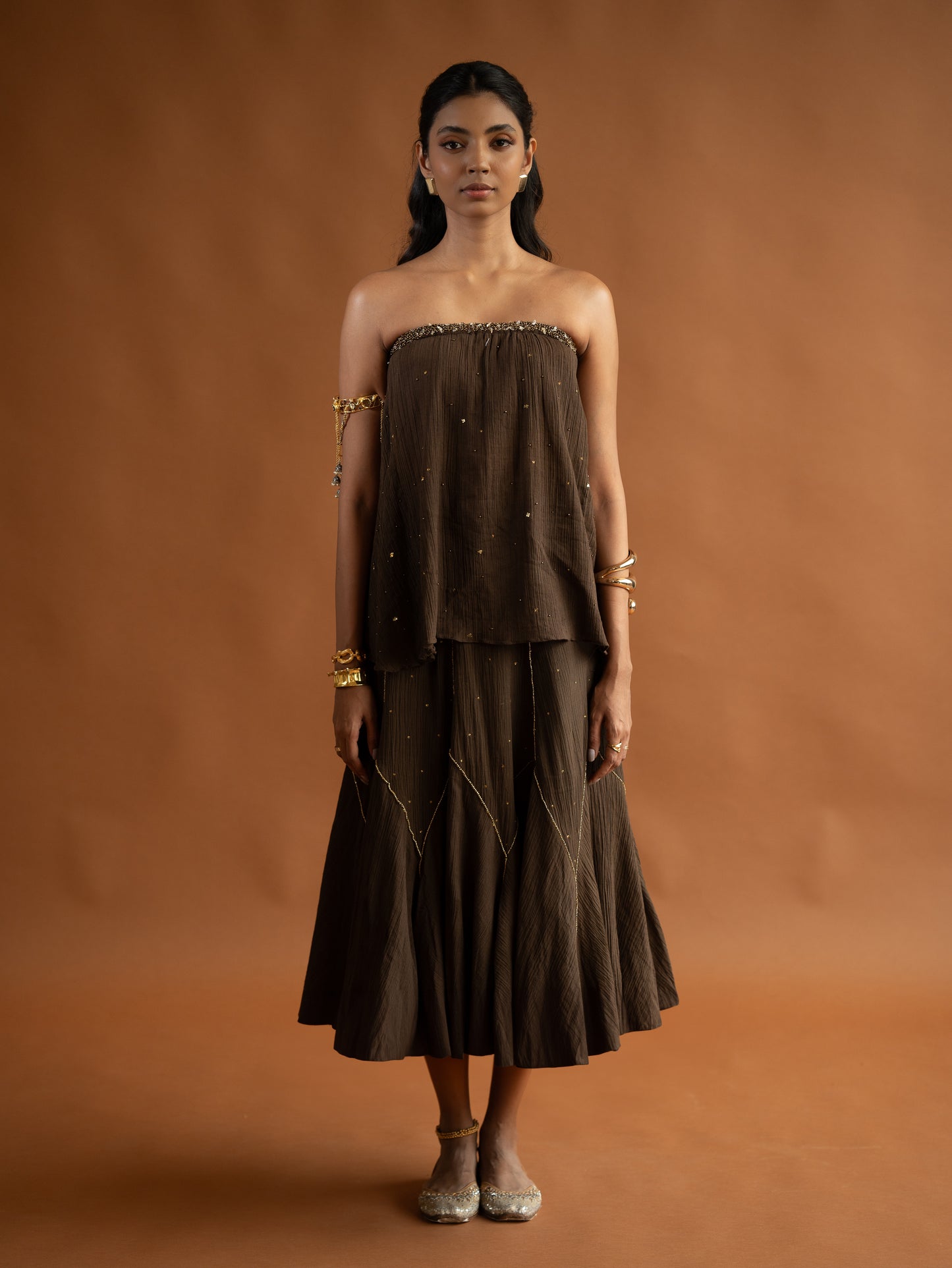 "Merry" - Brown godet skirt set.