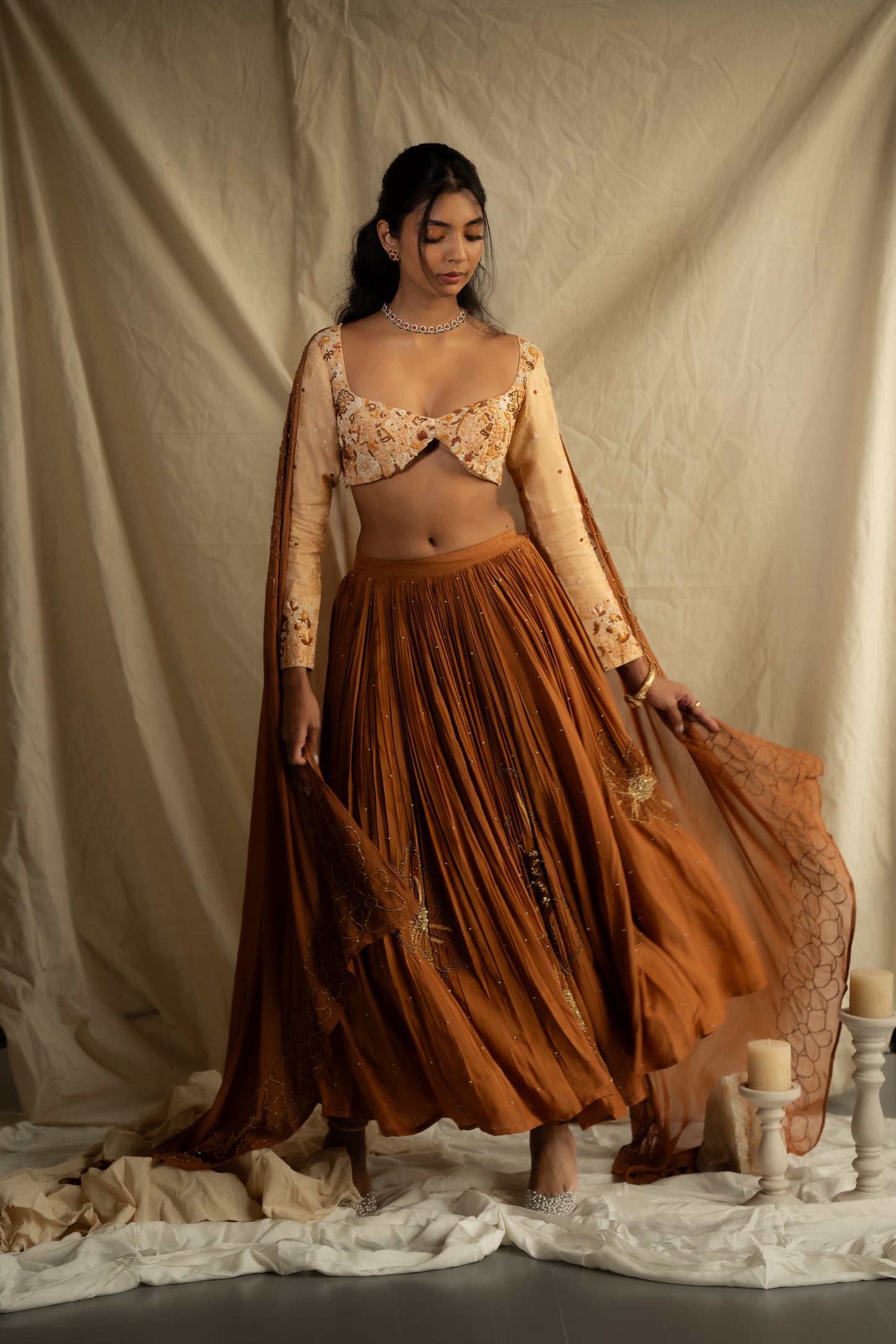 "Dridh" - Monochrome appliqué embroidered ghagra set.