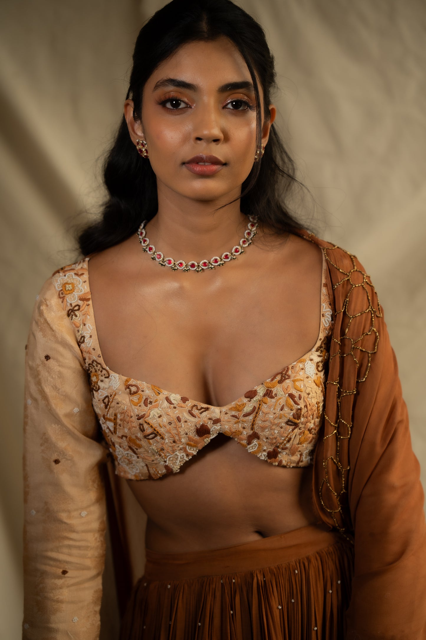 "Dridh" - Monochrome appliqué embroidered ghagra set.