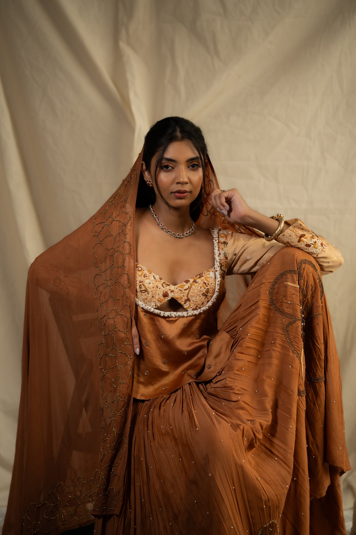 "Dridh" - Monochrome appliqué embroidered ghagra set.