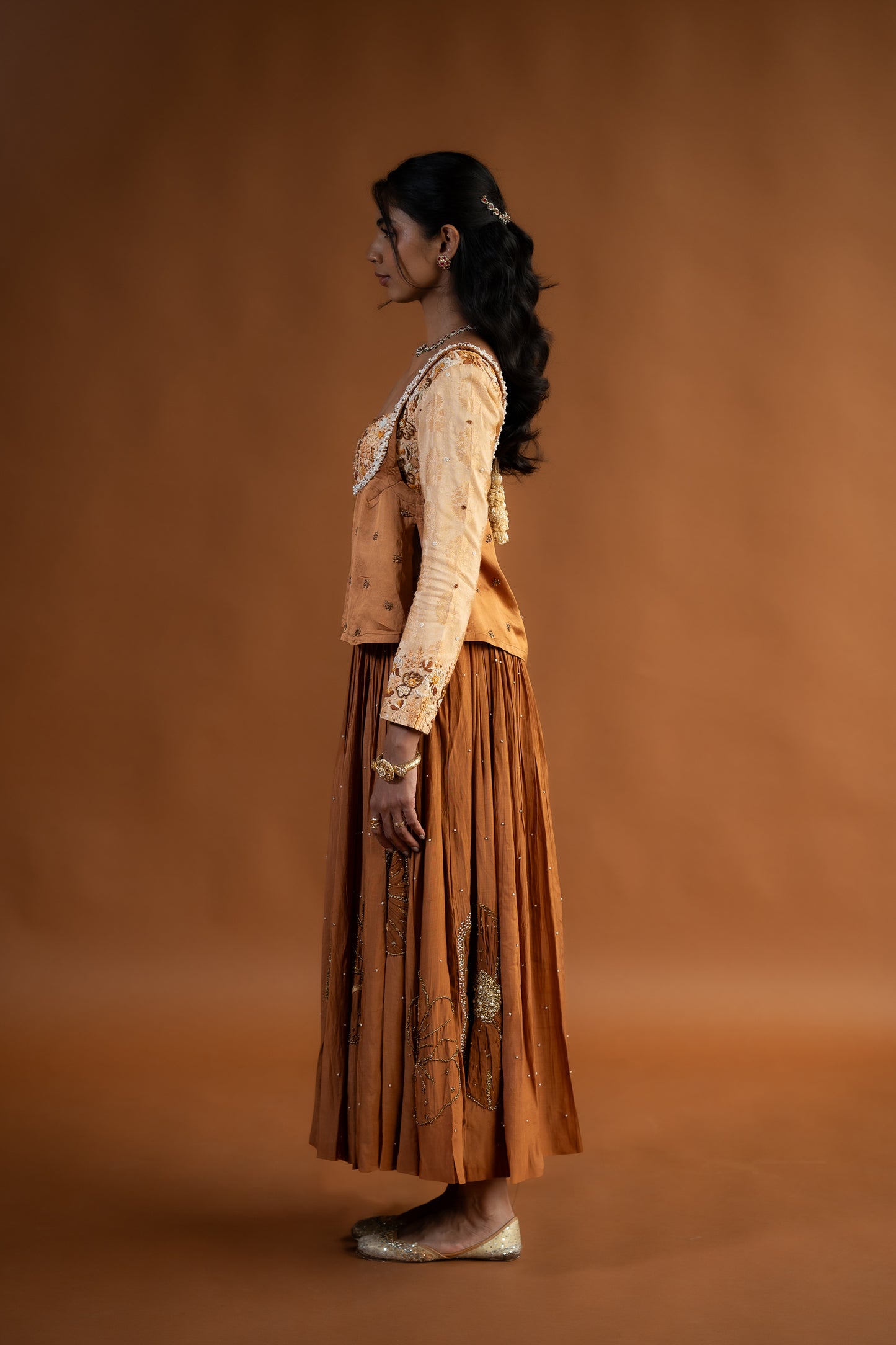 "Dridh" - Monochrome appliqué embroidered ghagra set.