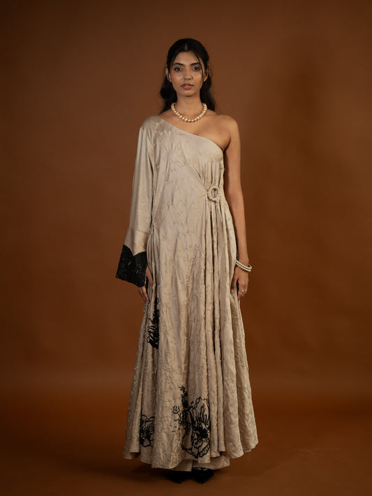 “Wildflower” - Beige thread and bead embroidered dress set.