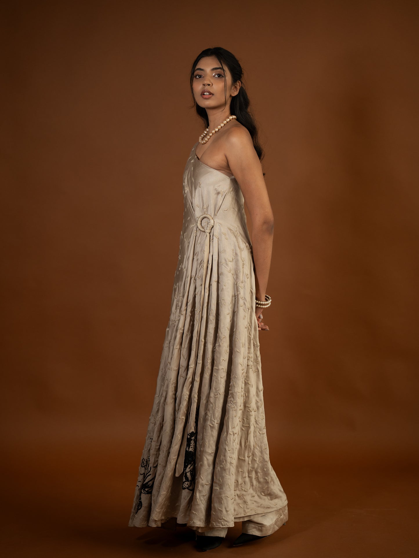 “Wildflower” - Beige thread and bead embroidered dress set.