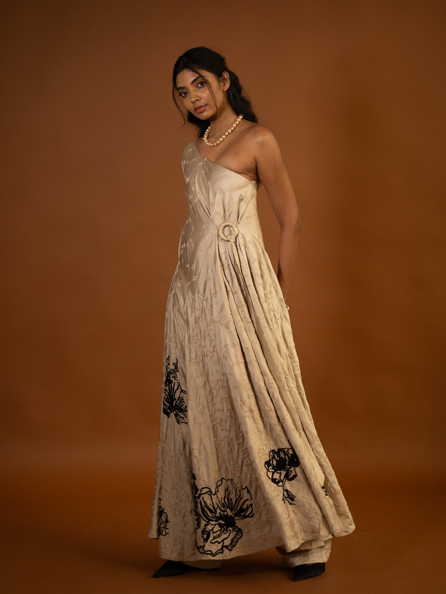 “Wildflower” - Beige thread and bead embroidered dress set.