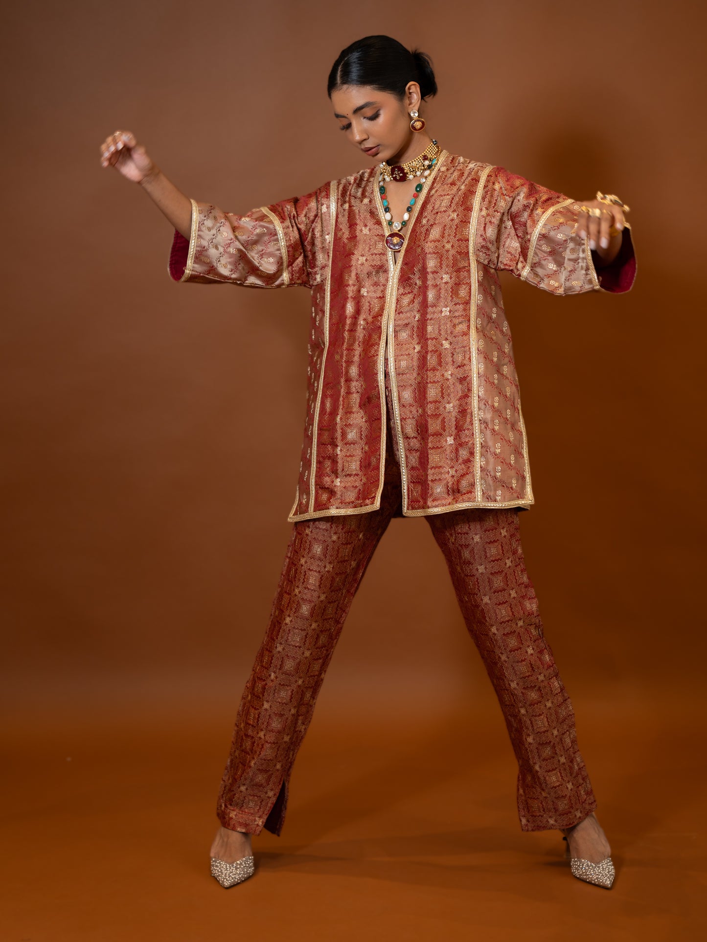 "Shakti" - Metallic vintage red banarasi silk jacket set.