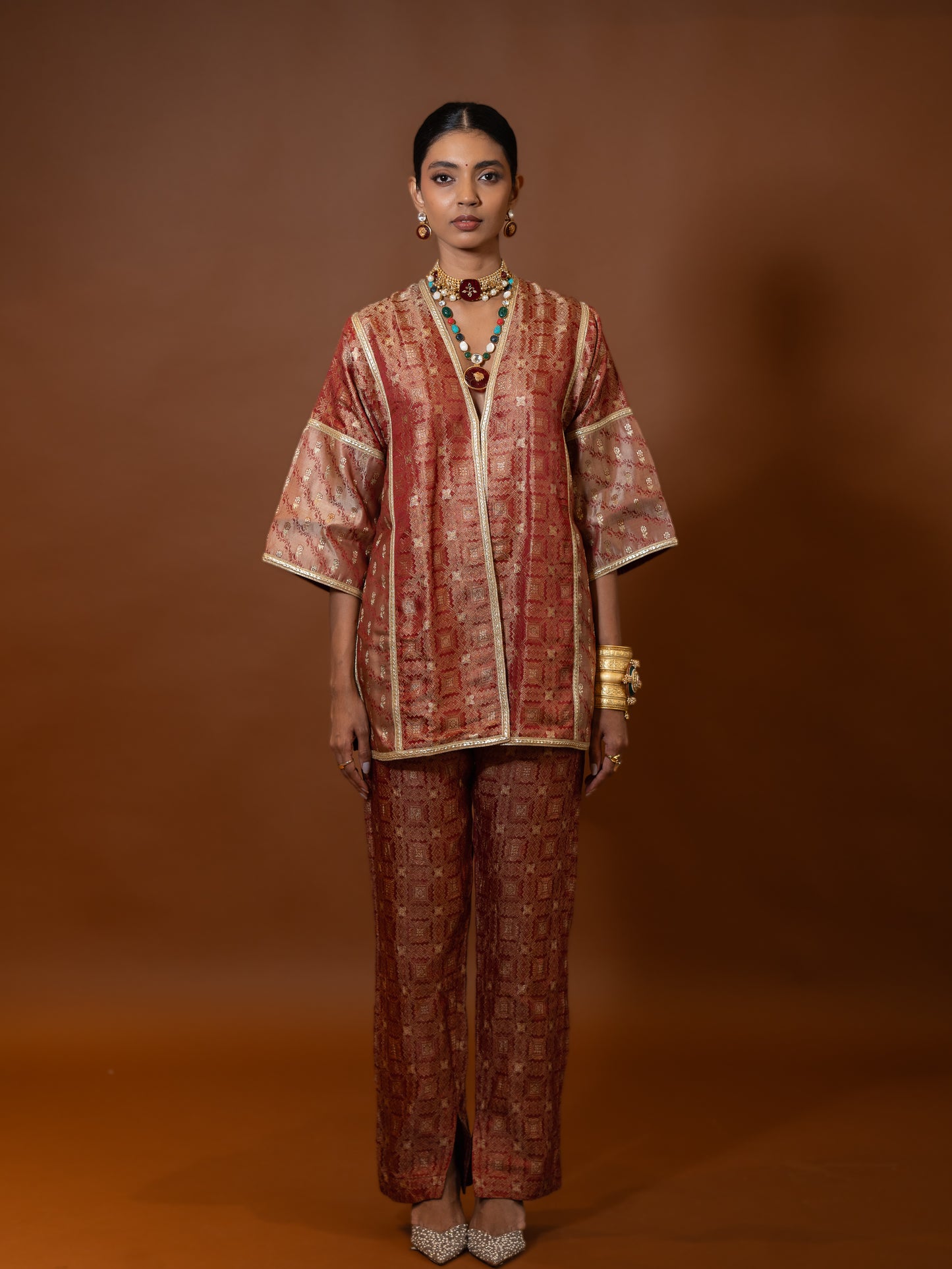 "Shakti" - Metallic vintage red banarasi silk jacket set.