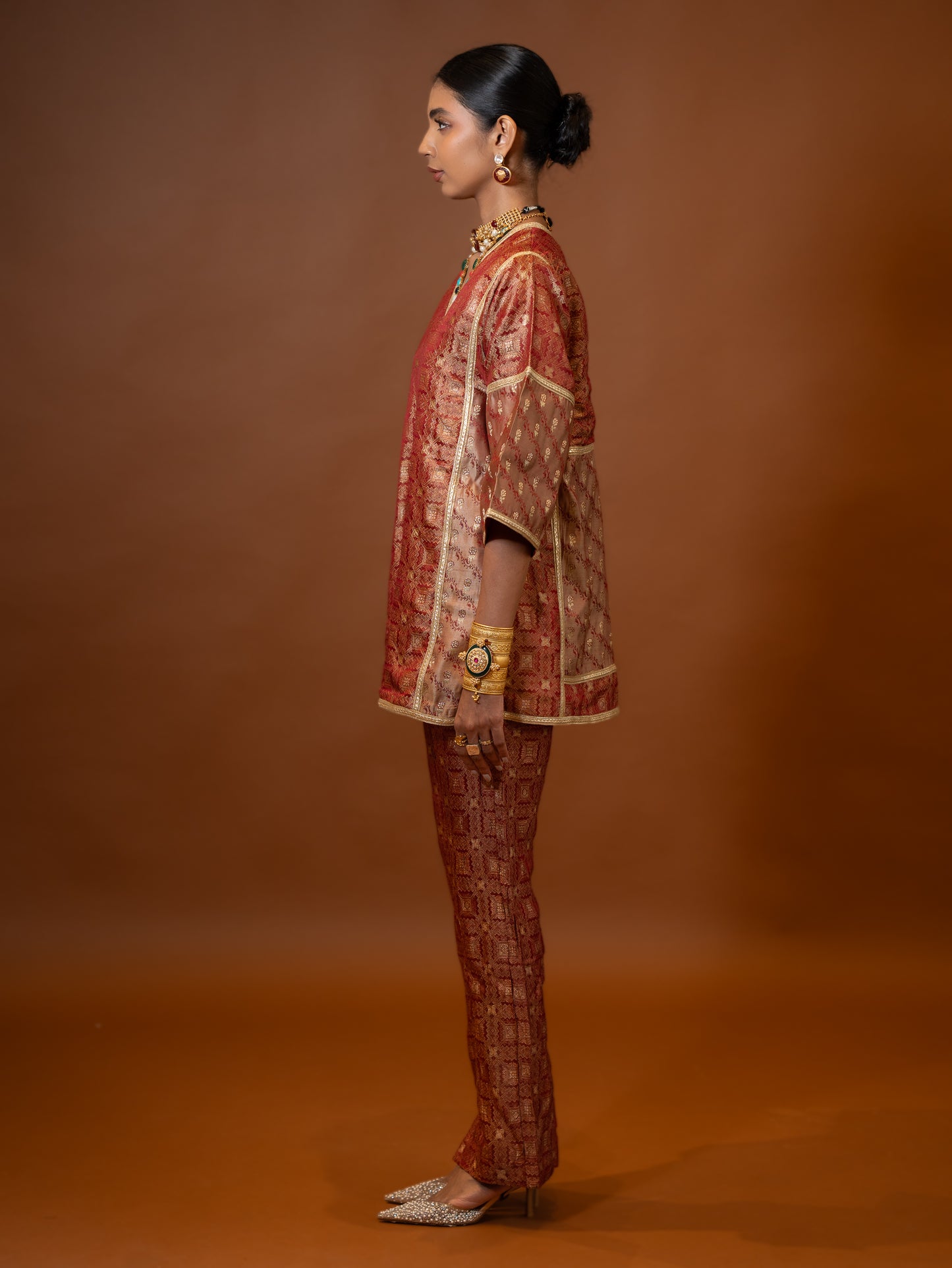 "Shakti" - Metallic vintage red banarasi silk jacket set.
