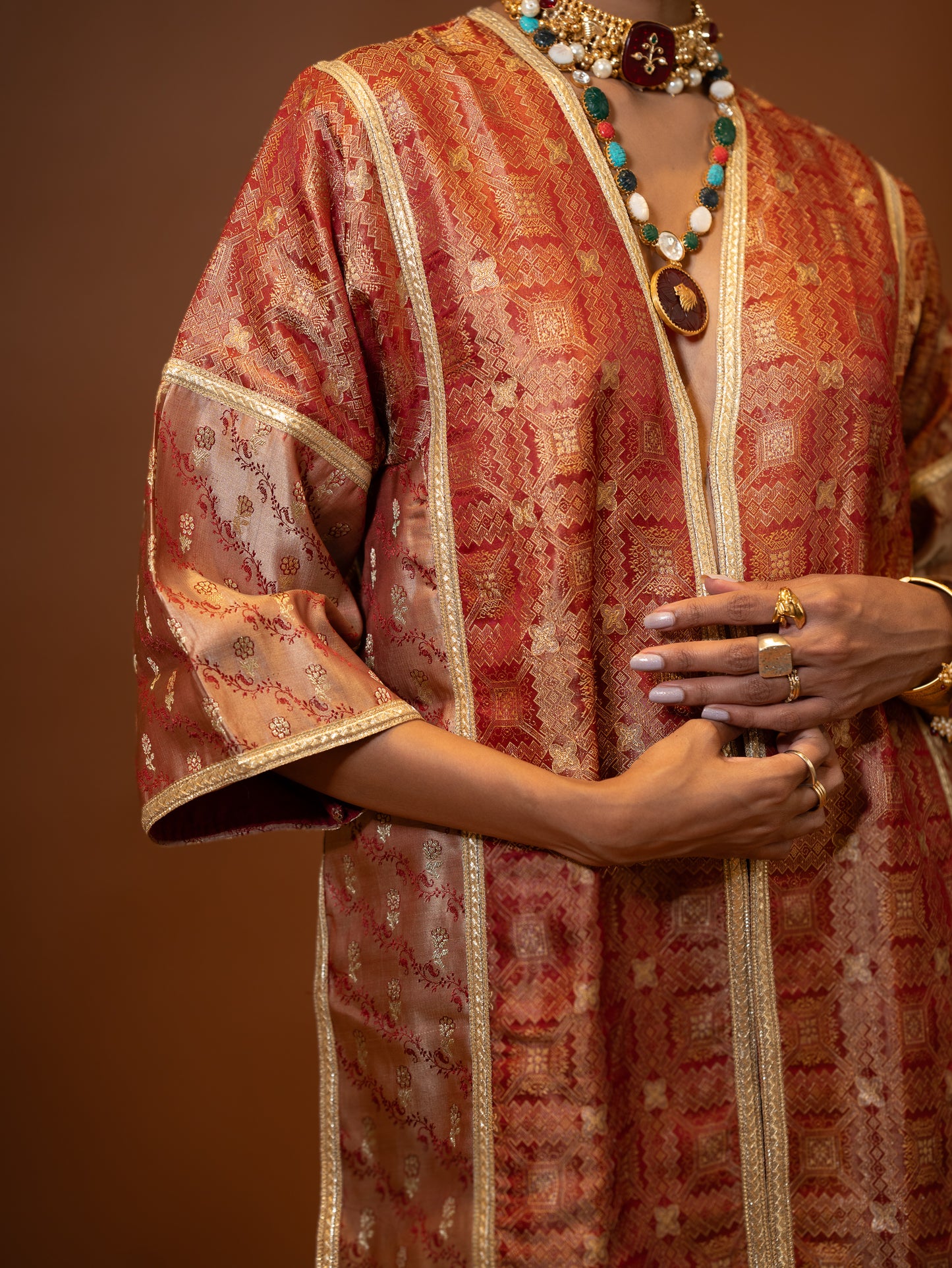"Shakti" - Metallic vintage red banarasi silk jacket set.