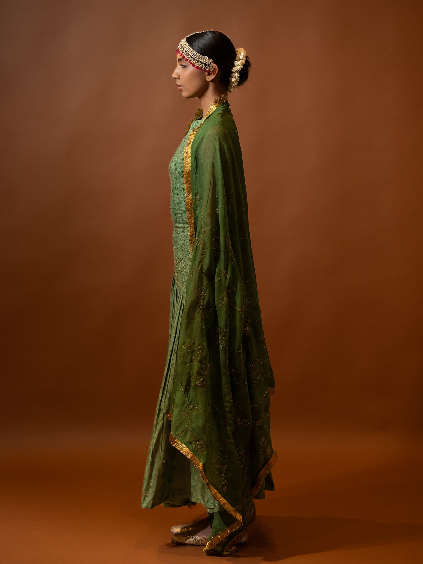 "Verdure" - Green embroidered contemporary anarkali set.