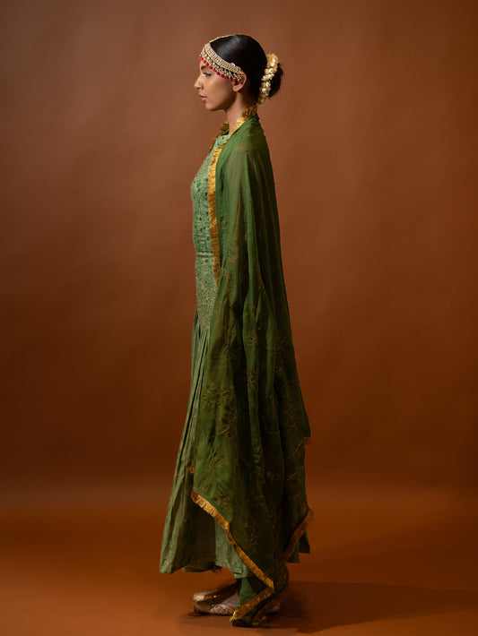 "Verdure" - Green embroidered contemporary anarkali set.