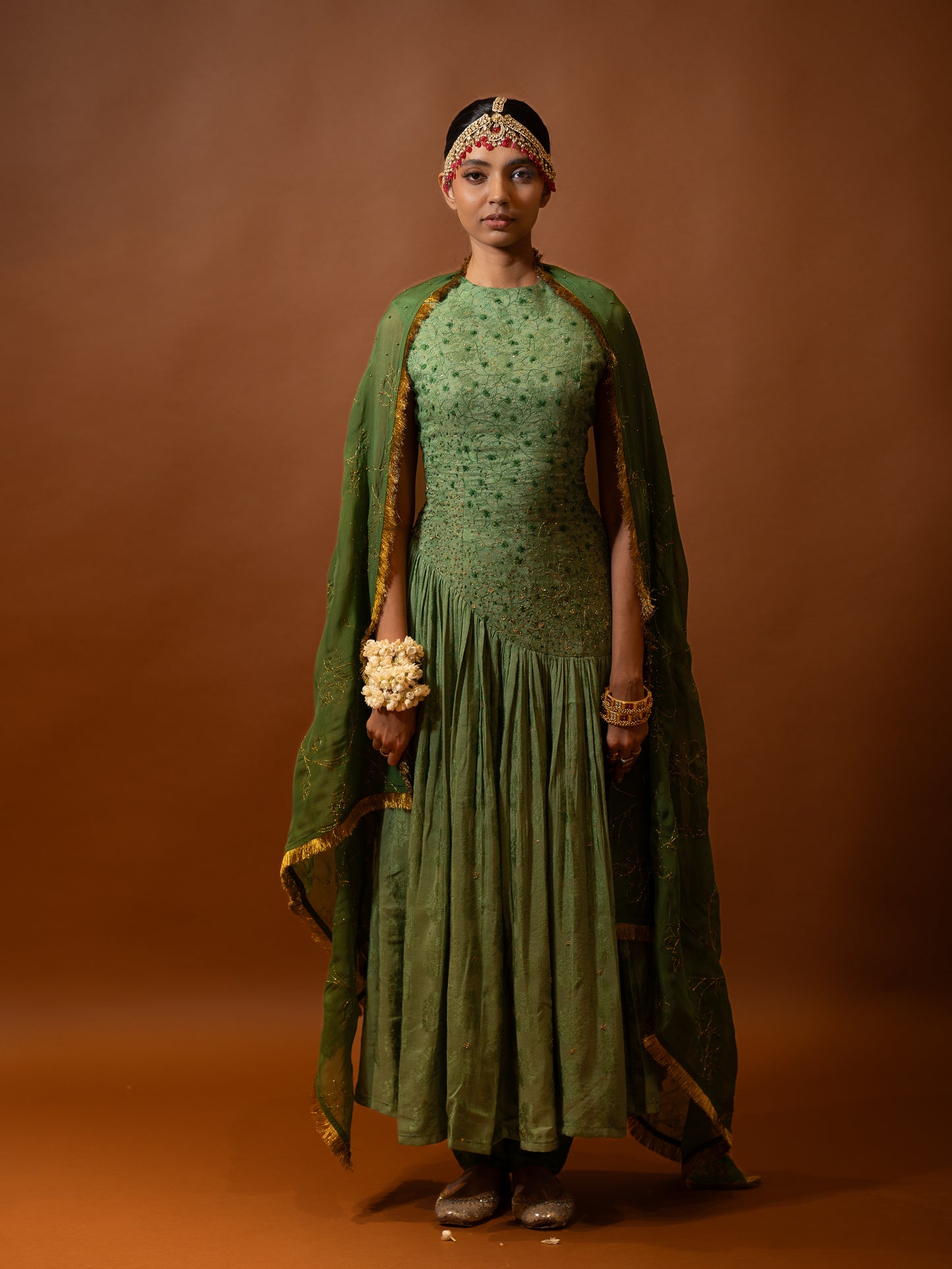 "Verdure" - Green embroidered contemporary anarkali set.