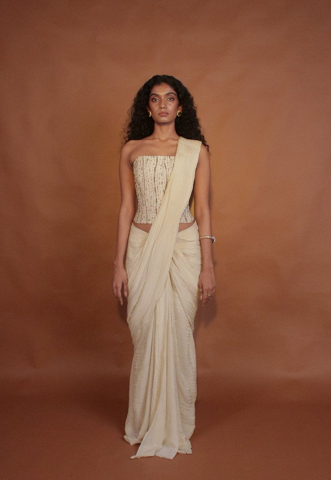 "Whimsy" - Hand embroidered corset blouse and pre draped saree set