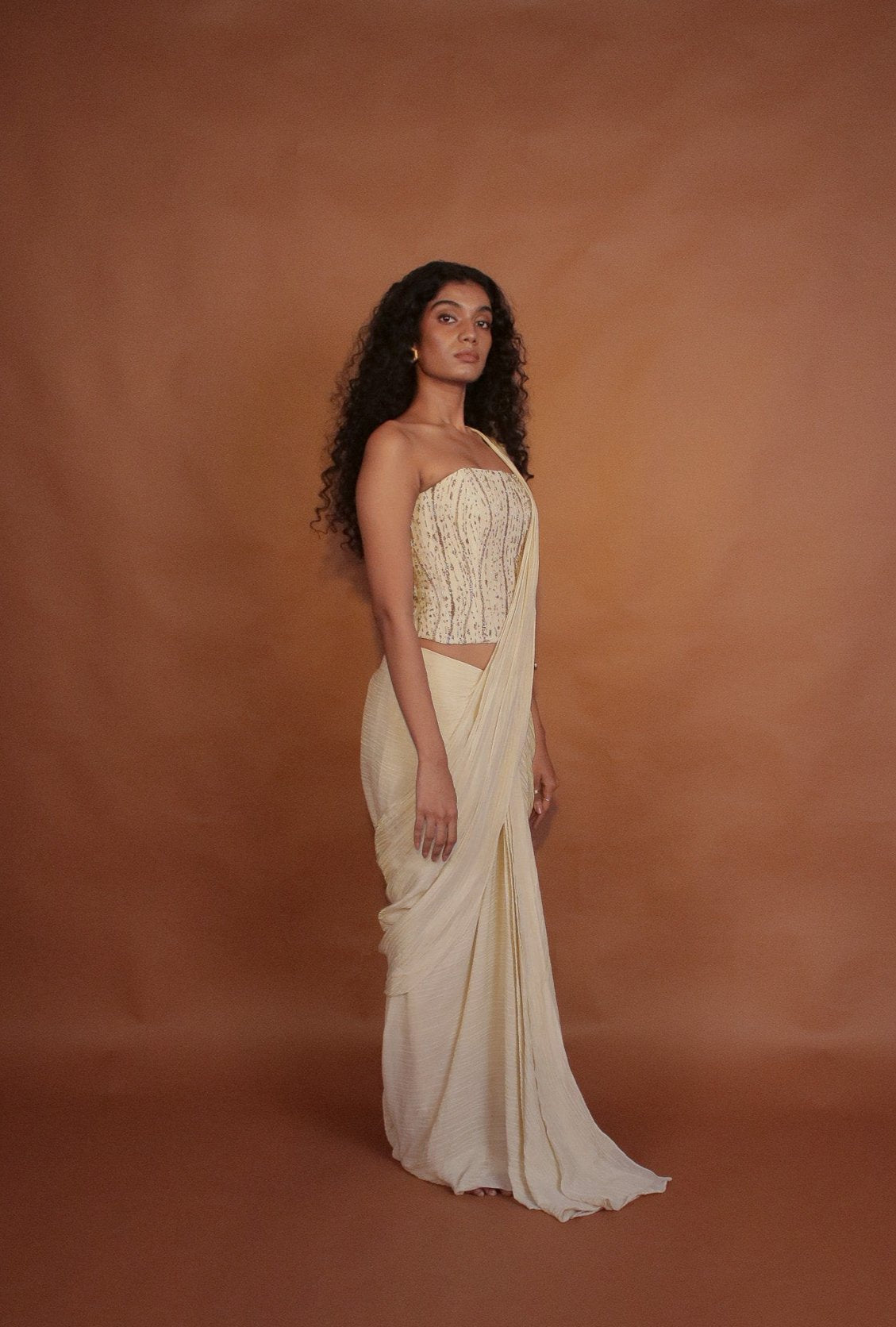 "Whimsy" - Hand embroidered corset blouse and pre draped saree set