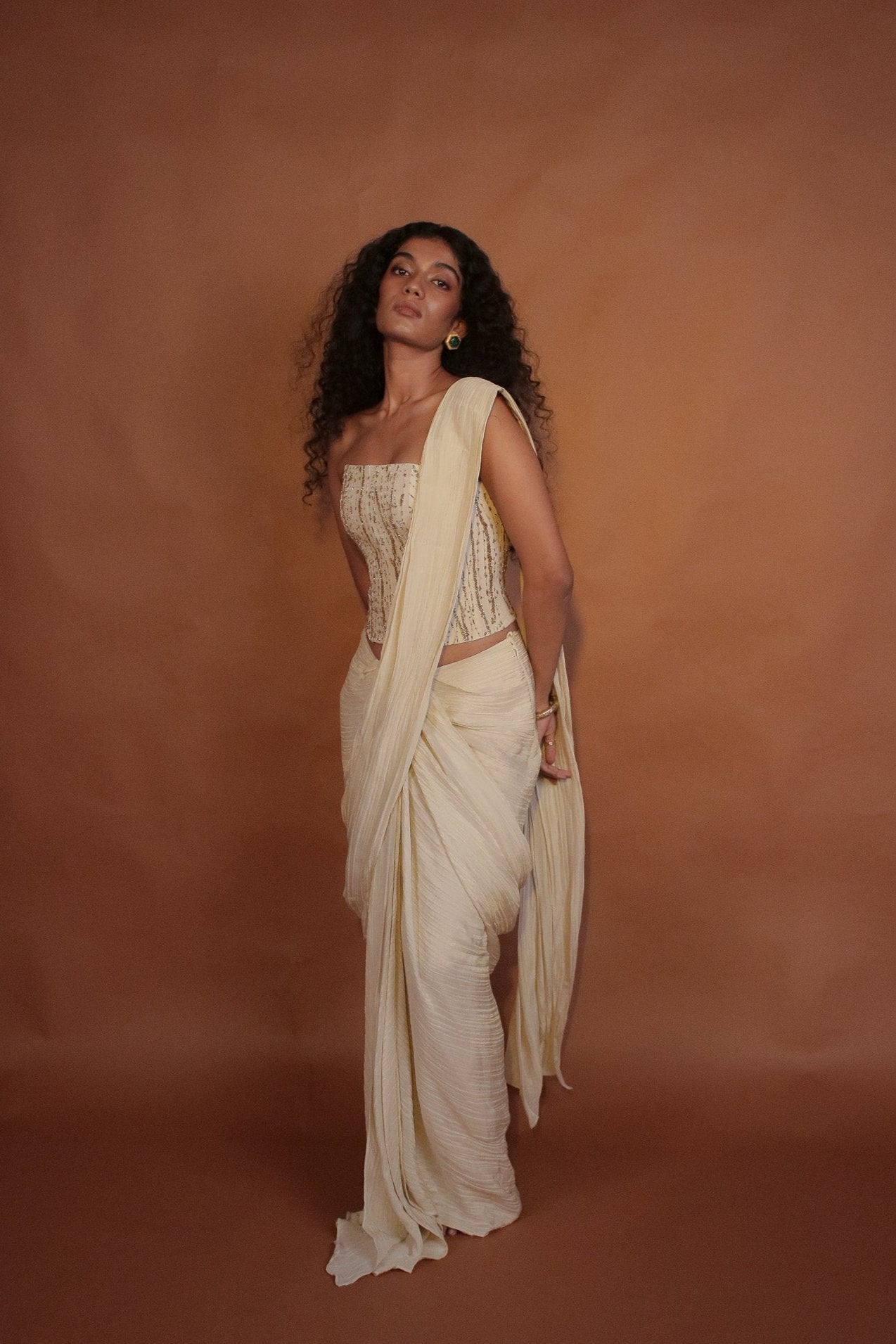 "Whimsy" - Hand embroidered corset blouse and pre draped saree set