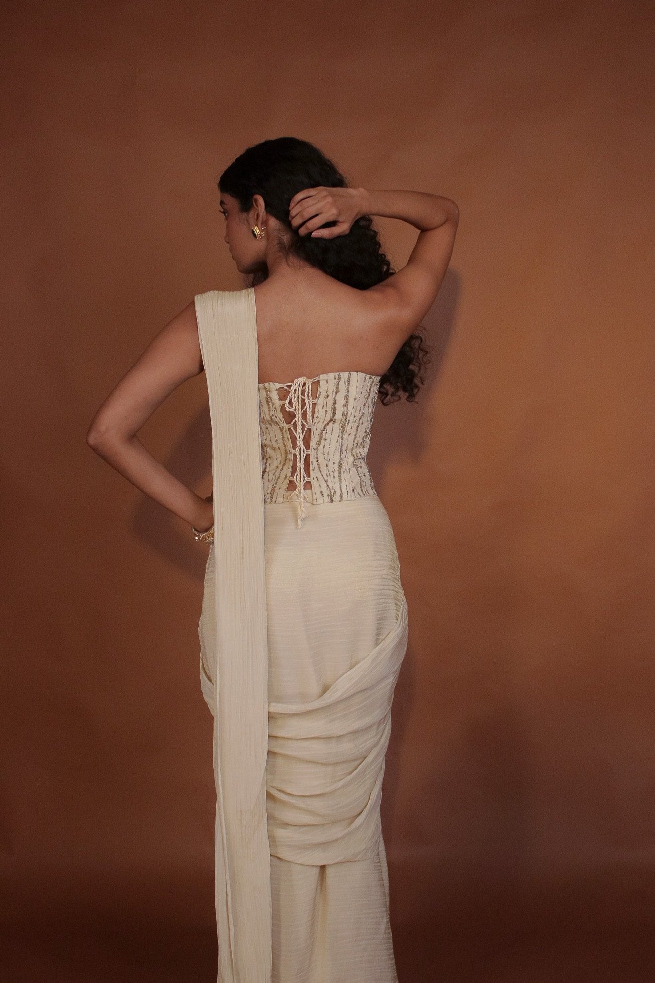 "Whimsy" - Hand embroidered corset blouse and pre draped saree set