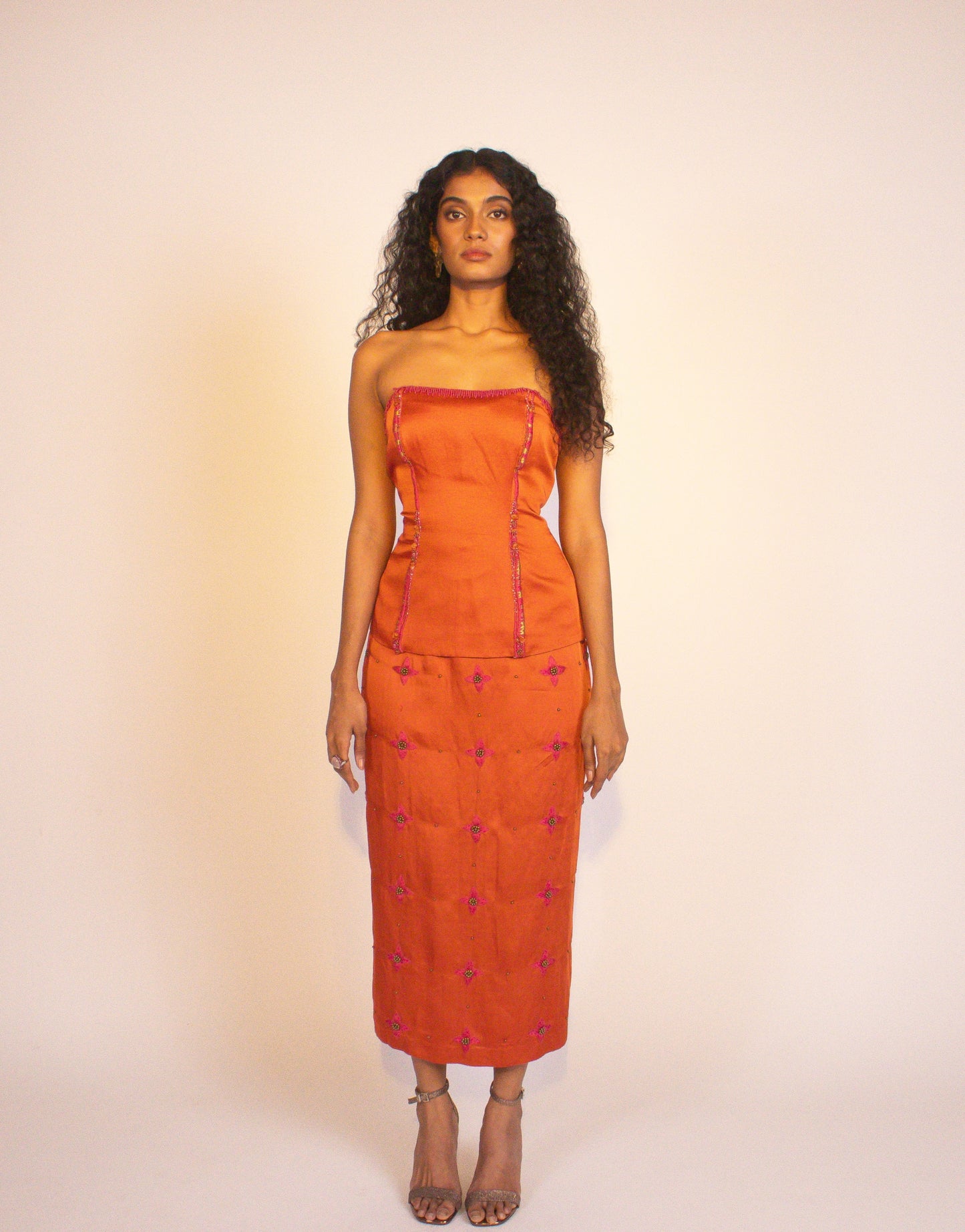 "Solstice" - Hand embroidered tailored top and straight skirt set.
