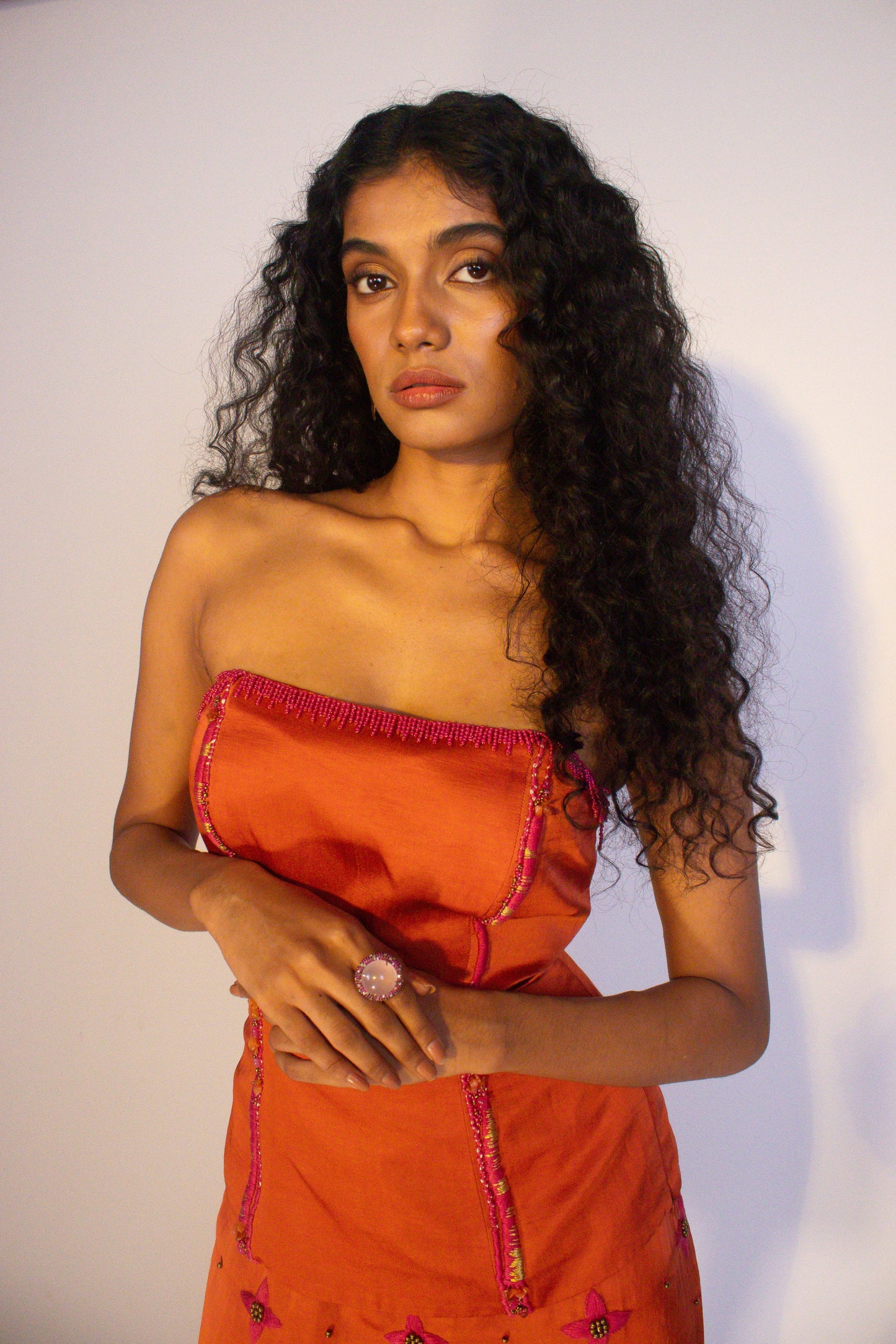 "Solstice" - Hand embroidered tailored top and straight skirt set.