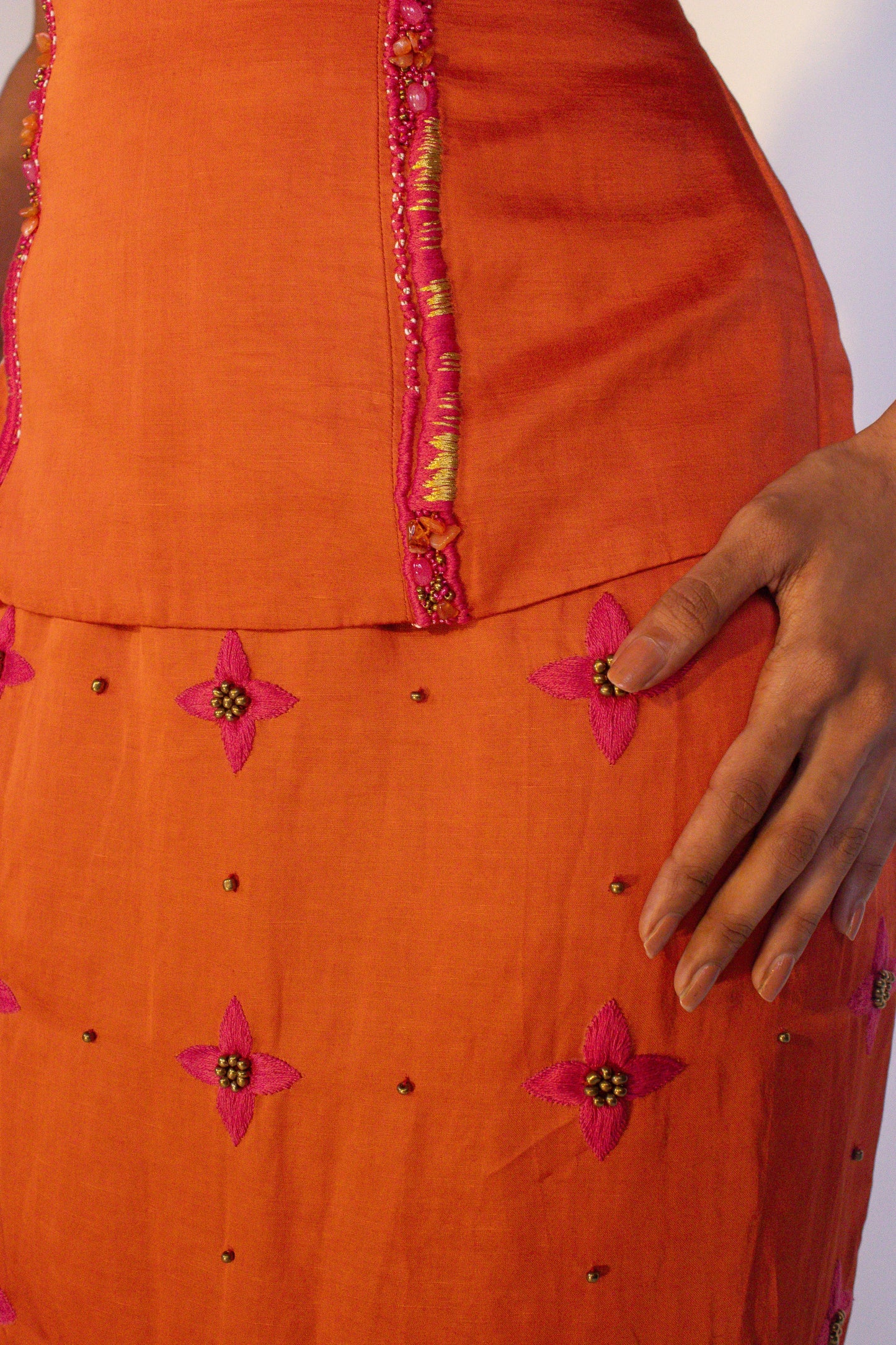 "Solstice" - Hand embroidered tailored top and straight skirt set.