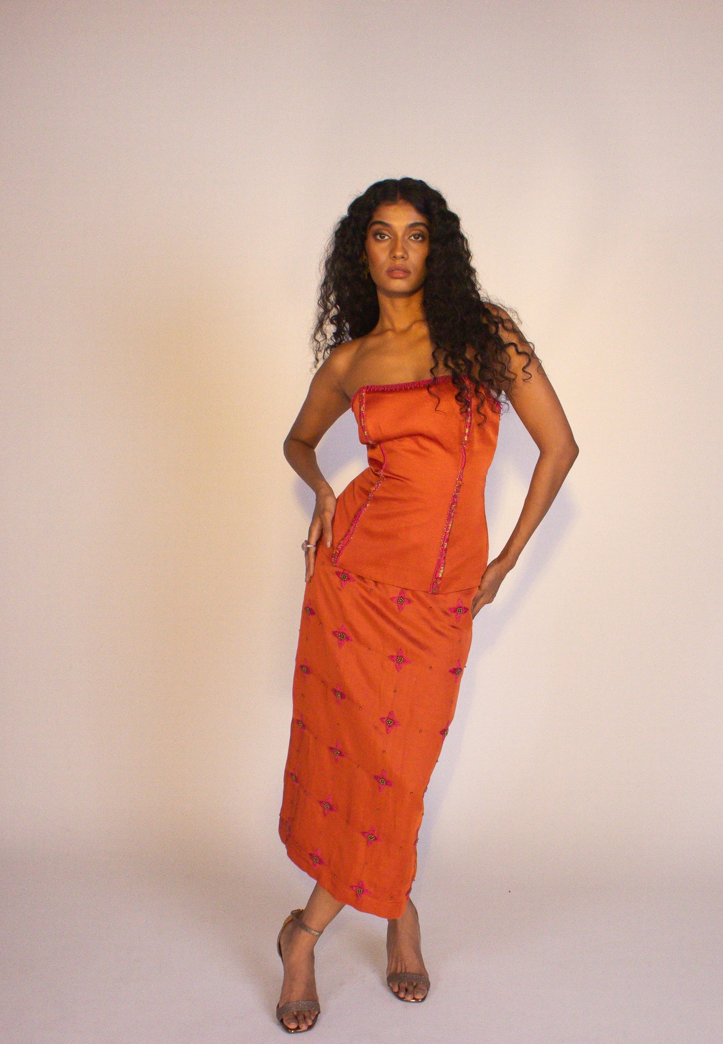 "Solstice" - Hand embroidered tailored top and straight skirt set.