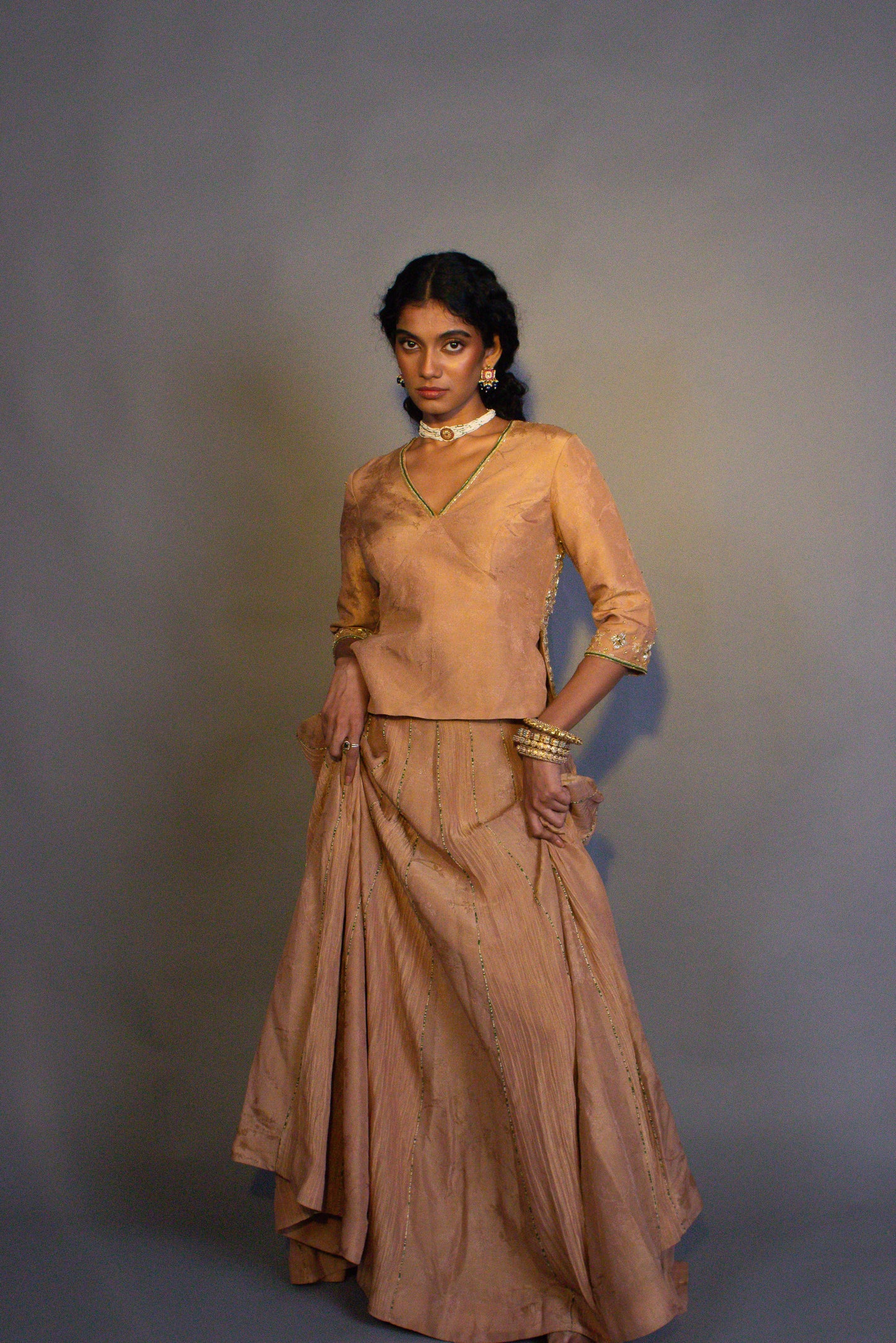"Seraph" - Hand embroidered blouse, kali lehenga and dupatta set.