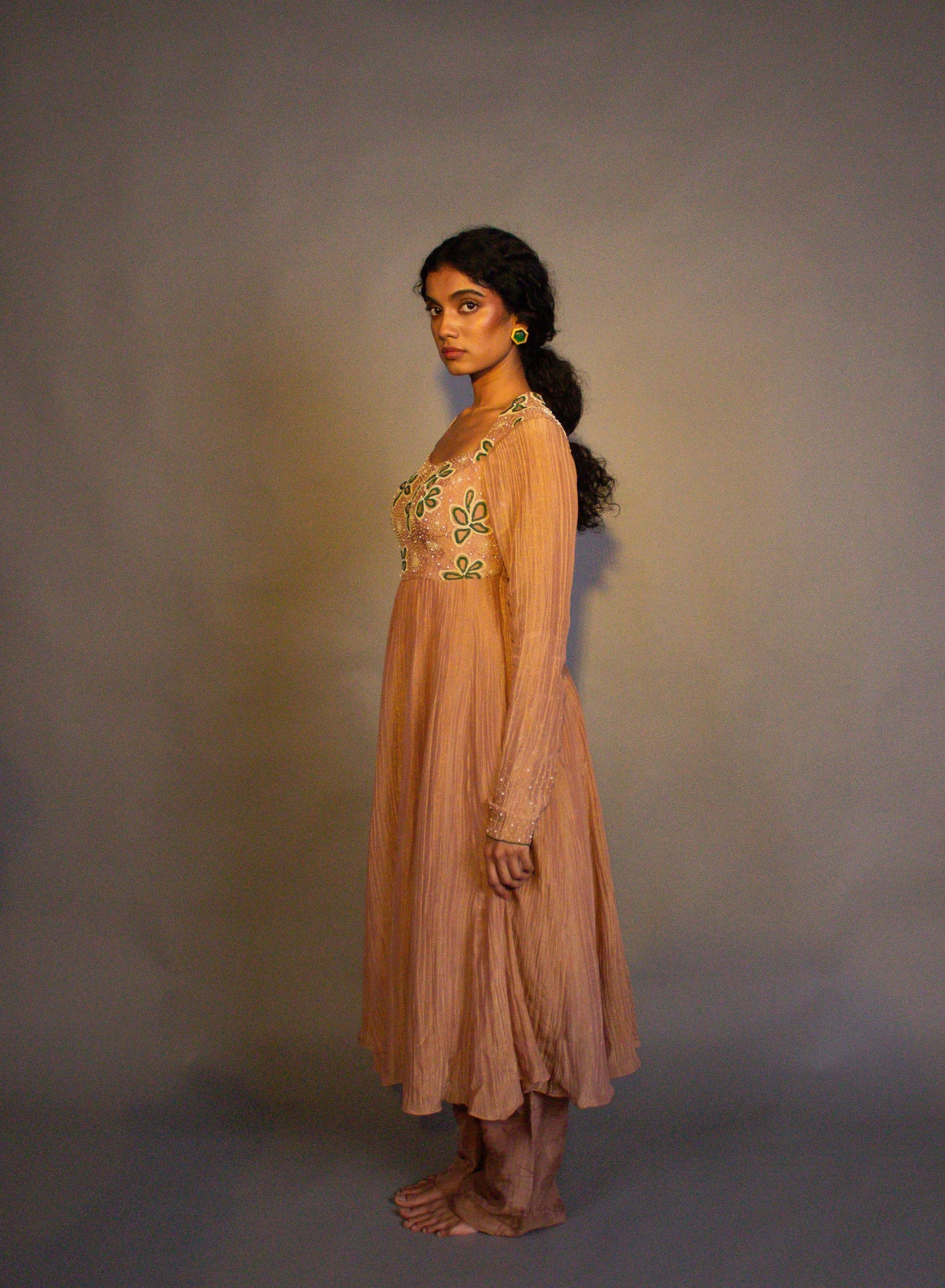 "Phool" - Hand embroidered tissue anarkali with wide legged pant set.