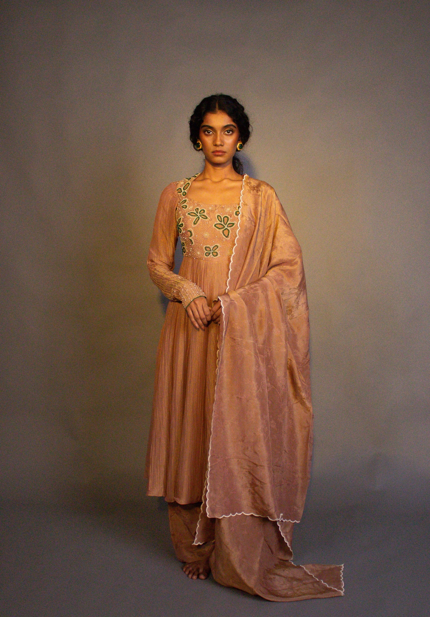 "Phool" - Hand embroidered tissue anarkali with wide legged pant set.