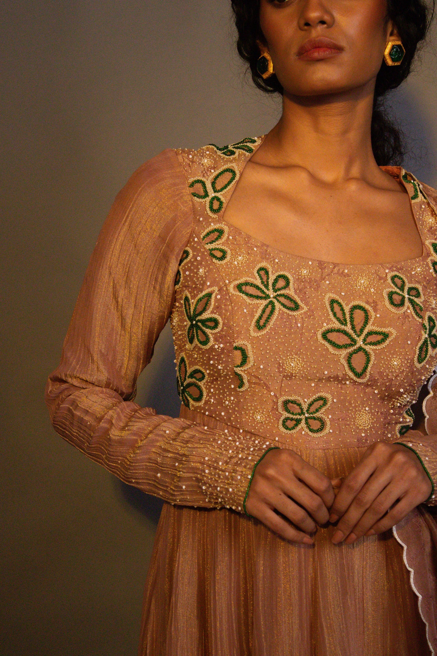 "Phool" - Hand embroidered tissue anarkali with wide legged pant set.