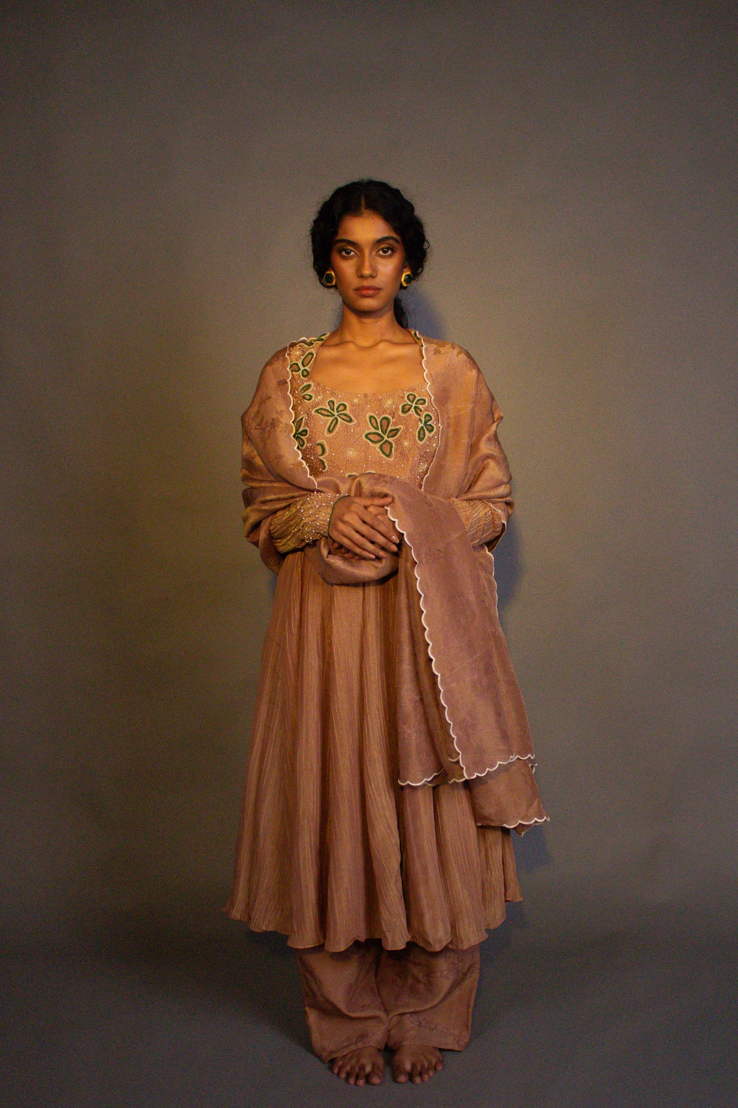 "Phool" - Hand embroidered tissue anarkali with wide legged pant set.