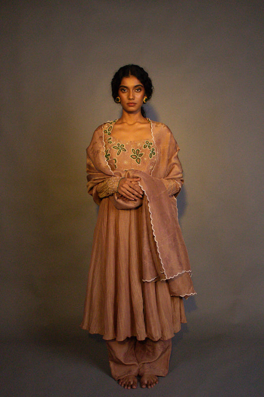 "Phool" - Hand embroidered tissue anarkali with wide legged pant set.