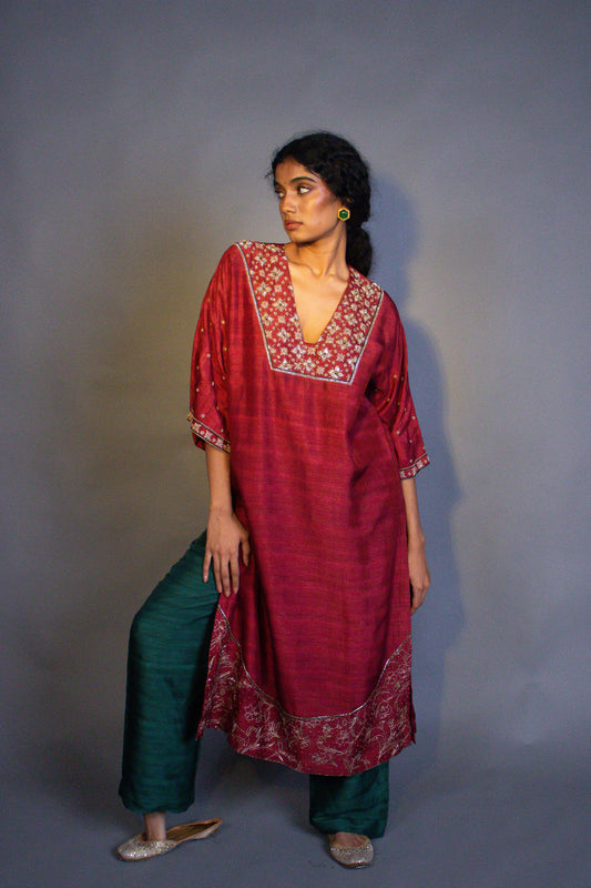 "Heer" - Hand embroidered loose kurt and straight pant set.