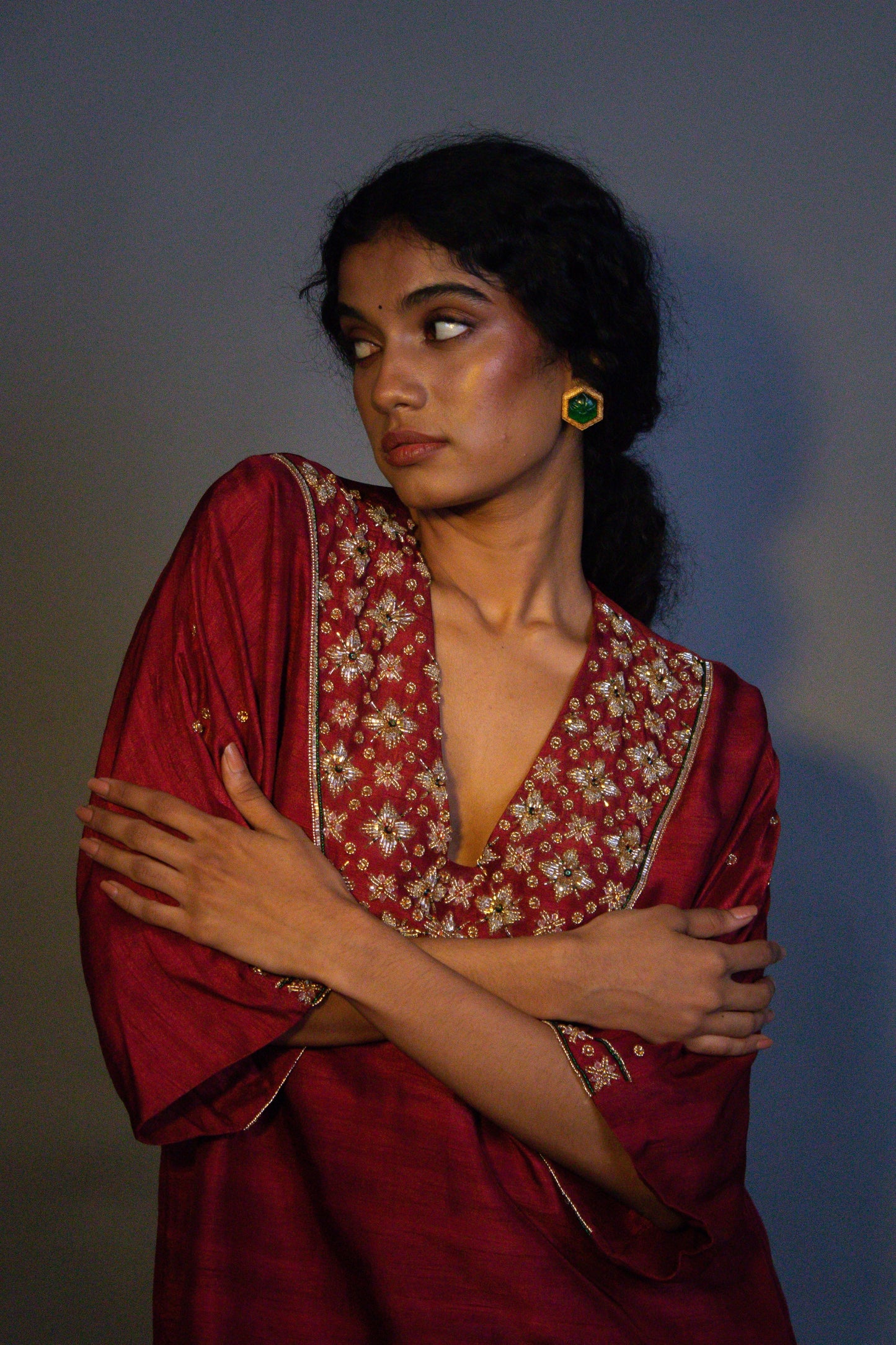 "Heer" - Hand embroidered loose kurt and straight pant set.