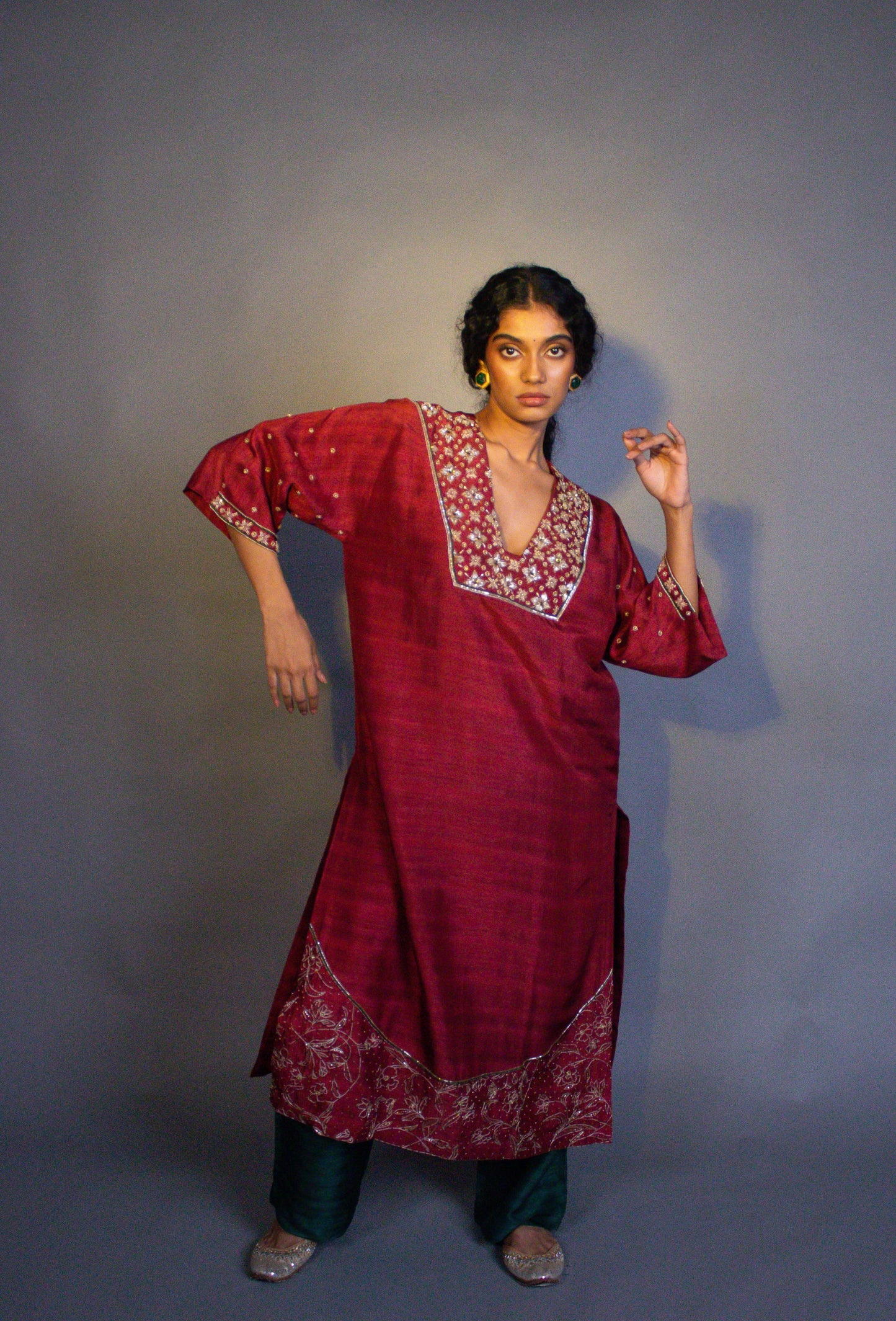 "Heer" - Hand embroidered loose kurt and straight pant set.