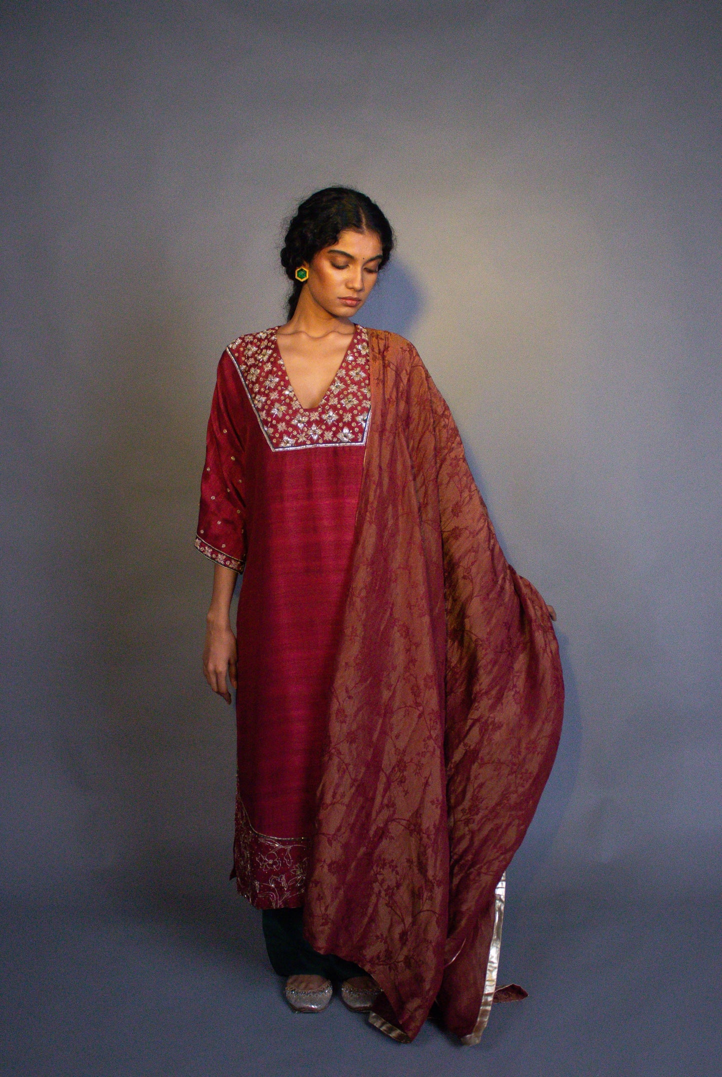 "Heer" - Hand embroidered loose kurt and straight pant set.