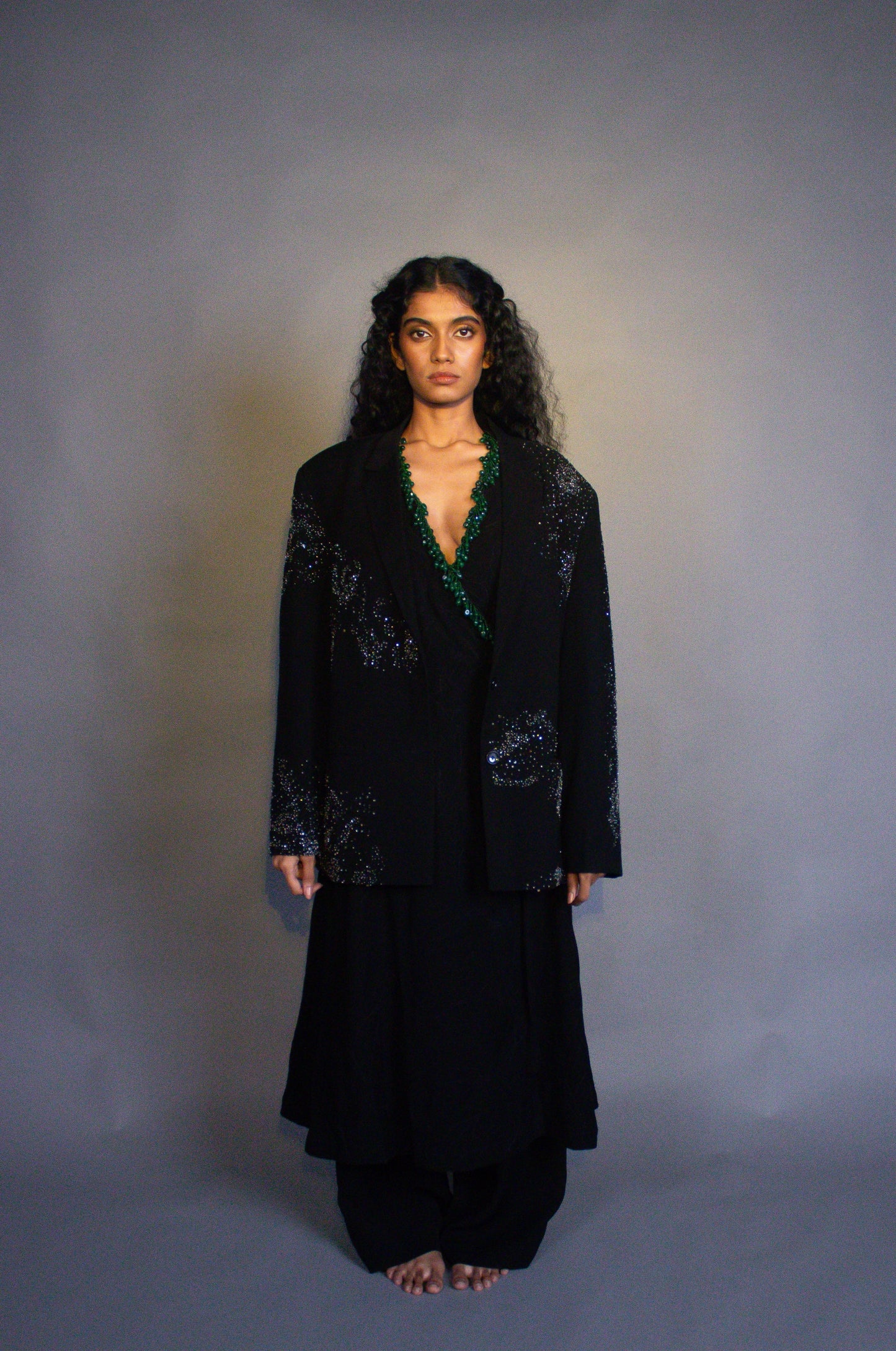"Nazar" - All black hand embroidered dress, blazer and pant set.
