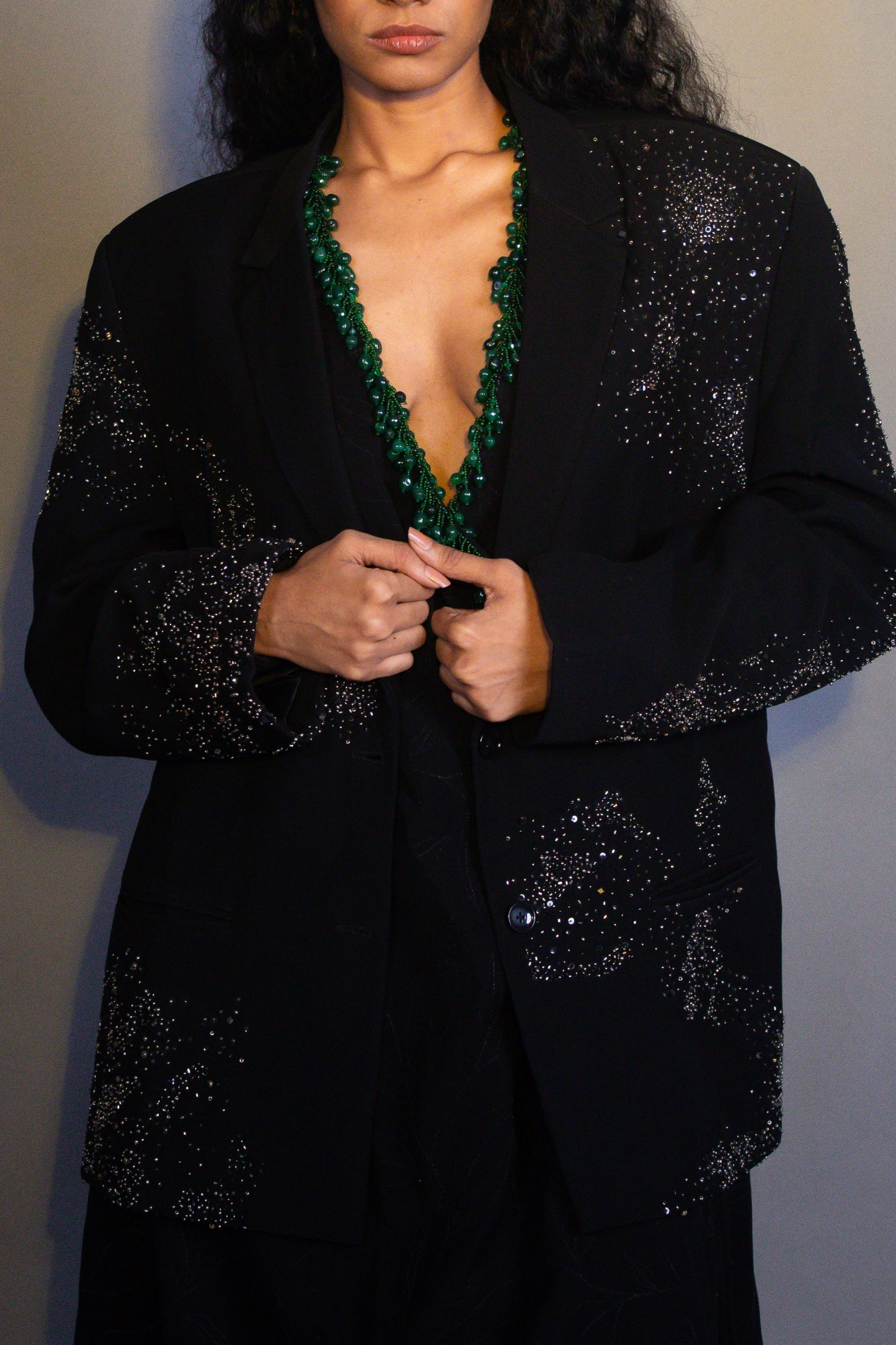 "Nazar" - All black hand embroidered dress, blazer and pant set.