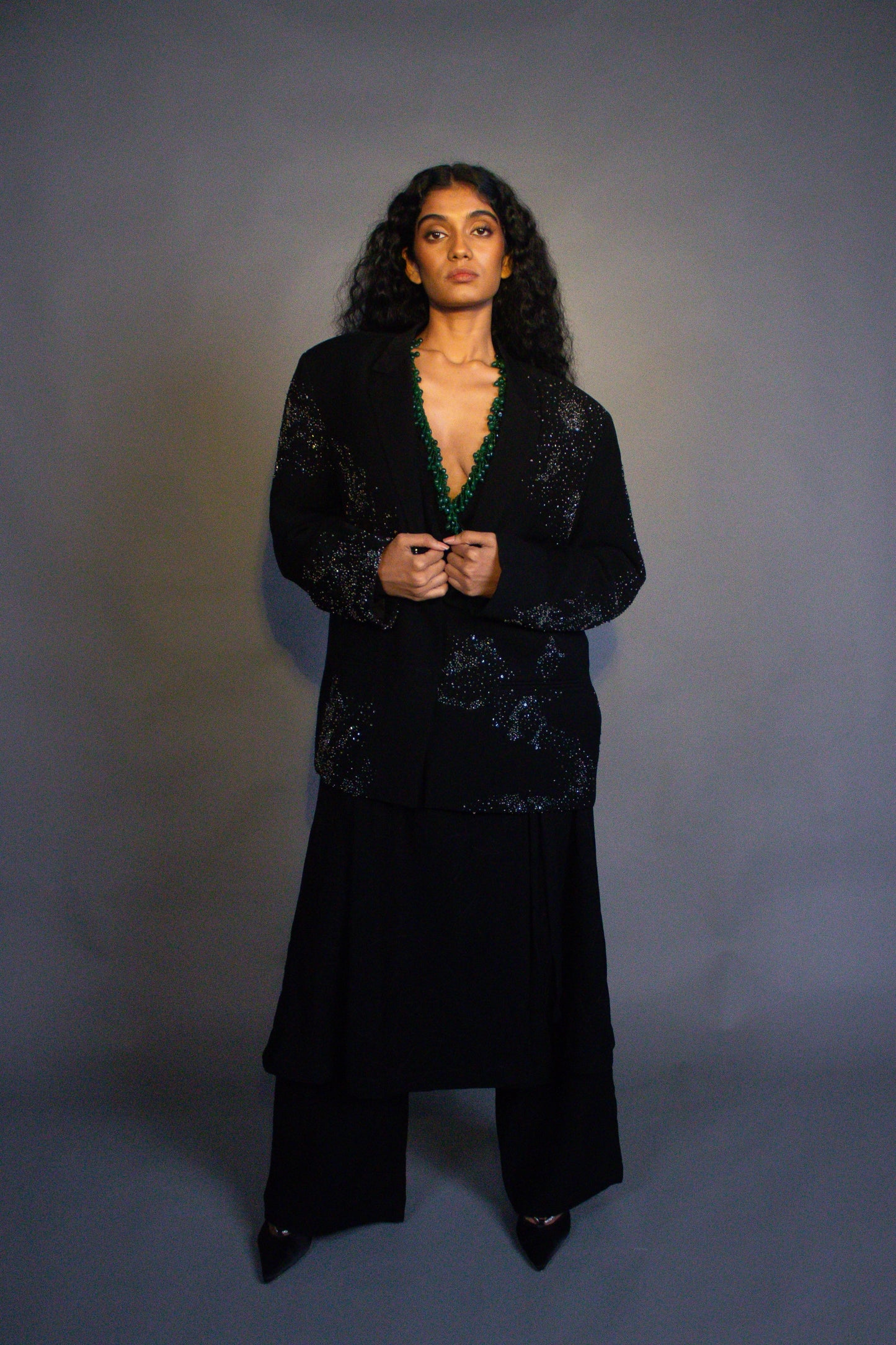 "Nazar" - All black hand embroidered dress, blazer and pant set.