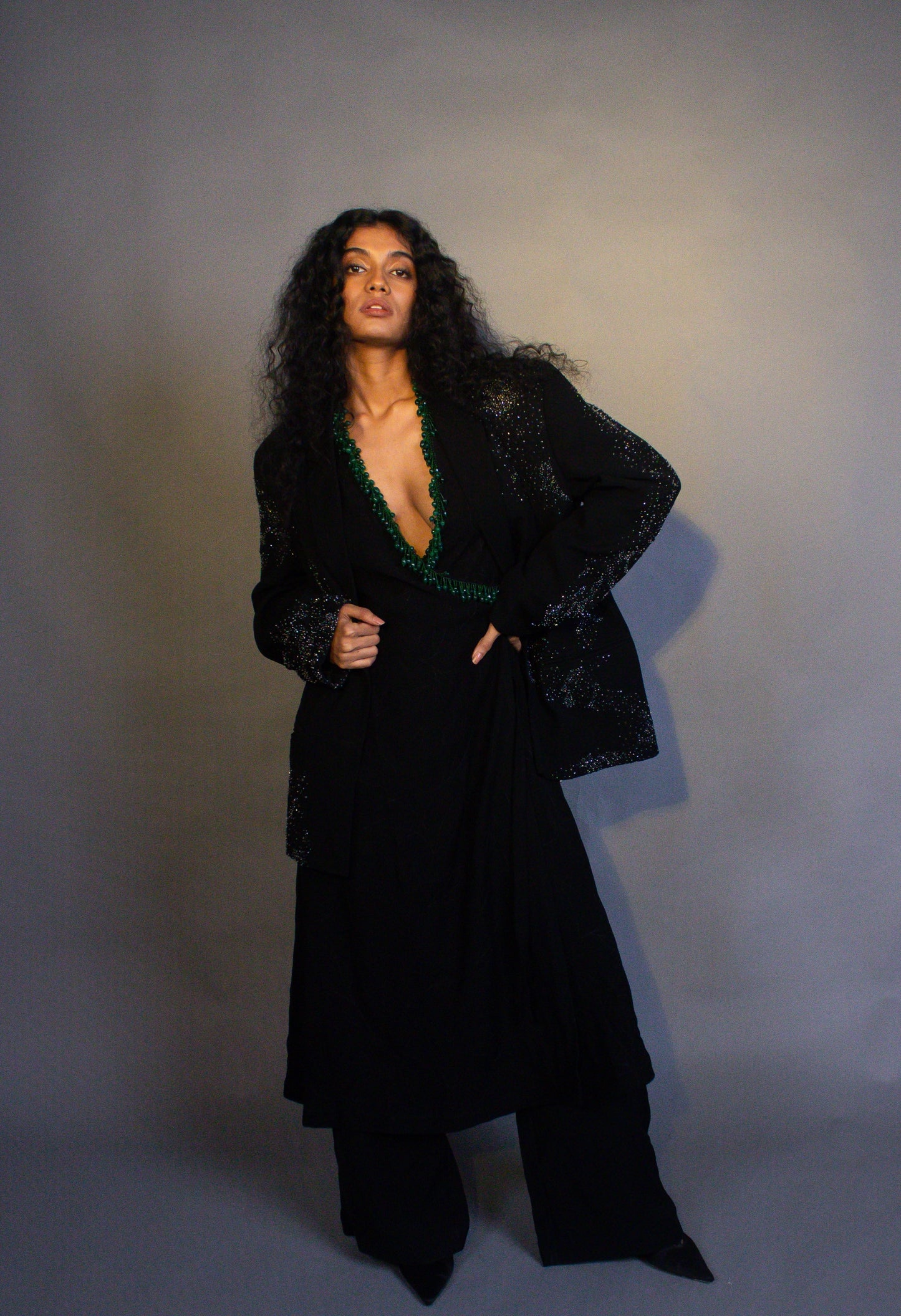 "Nazar" - All black hand embroidered dress, blazer and pant set.