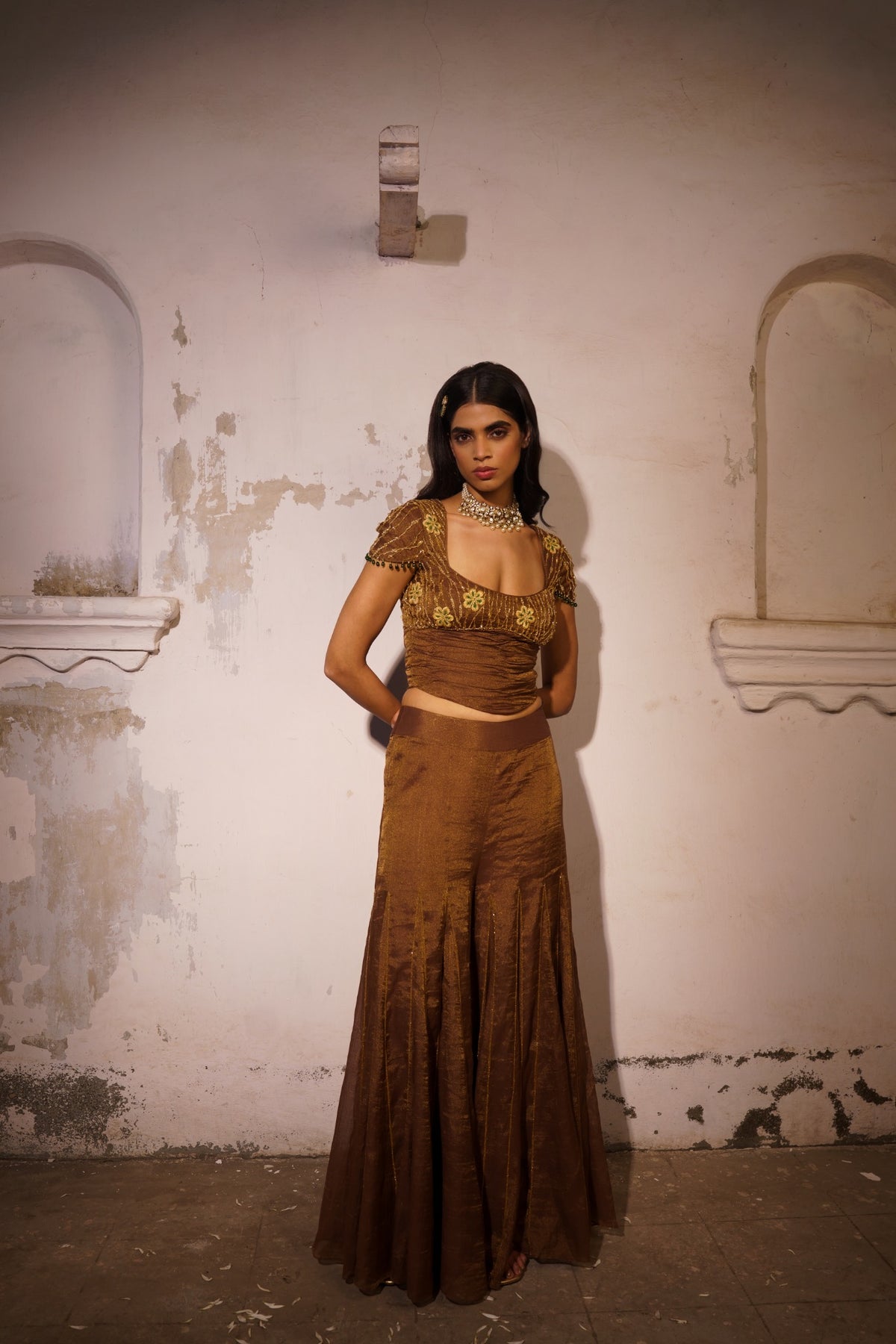 Amber Set — full-length look in brown embroidered top and godet pants