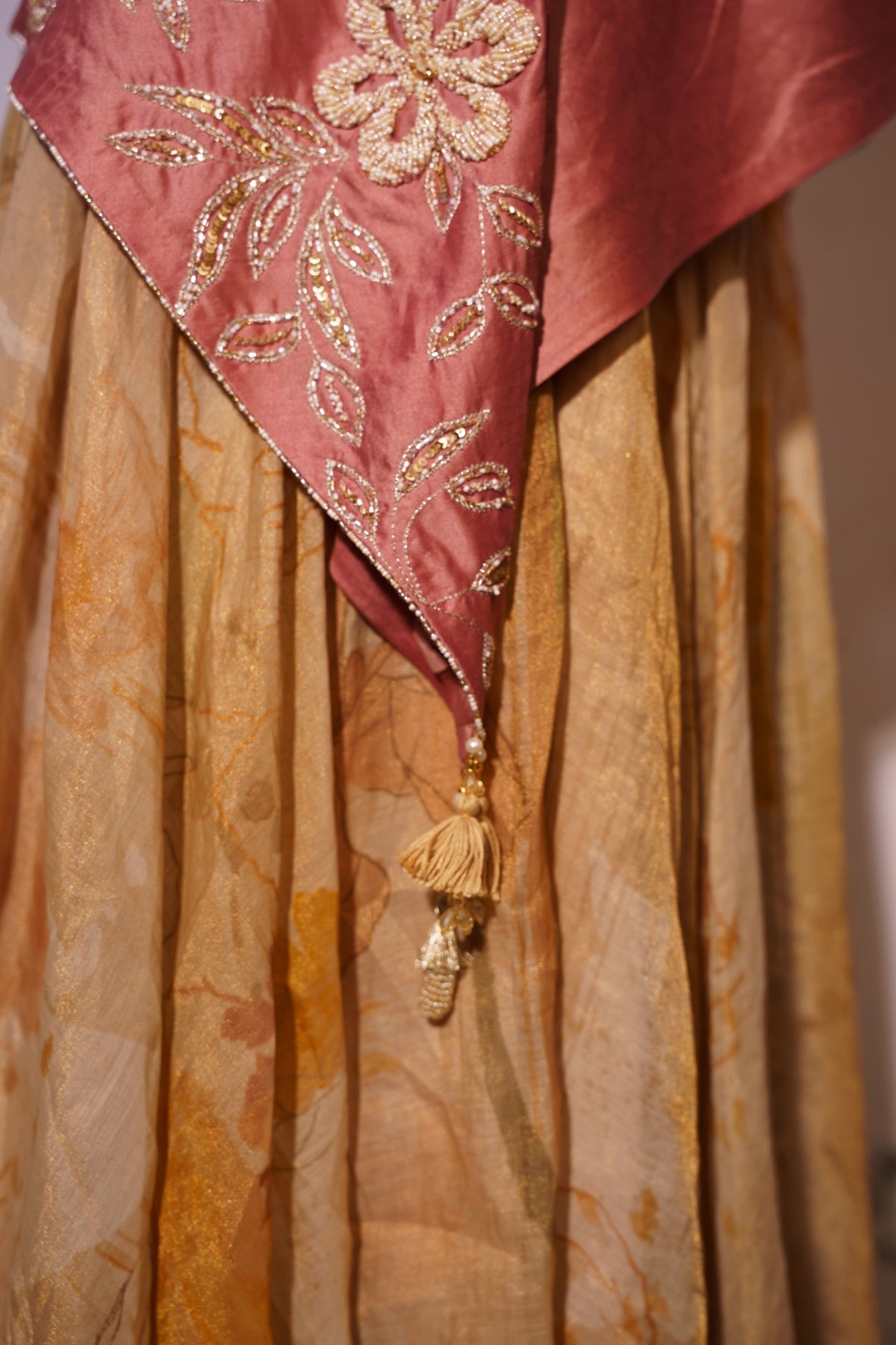 Aurora Set — close-up of embroidery and printed lehenga fabric