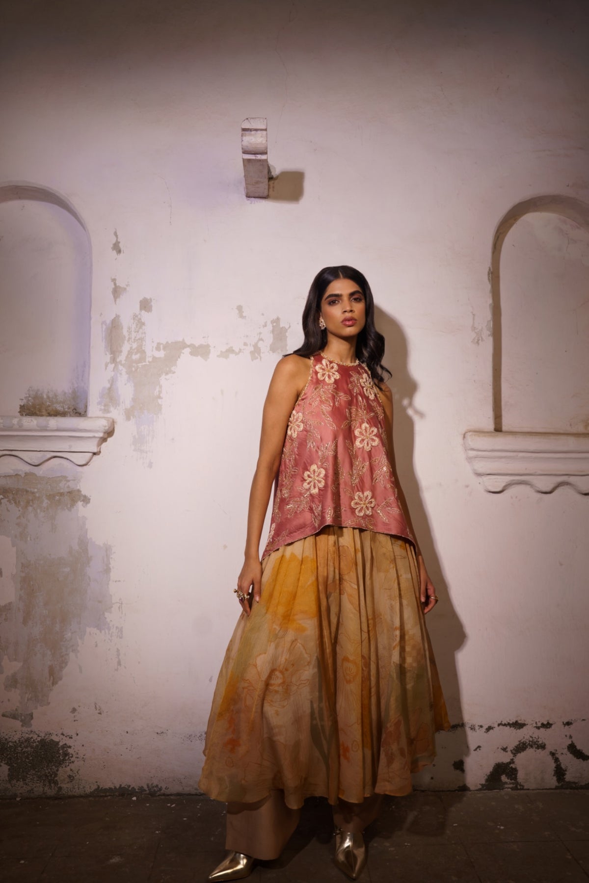 Aurora Set — full-length look with embroidered pink halter top, printed lehenga and straight pants