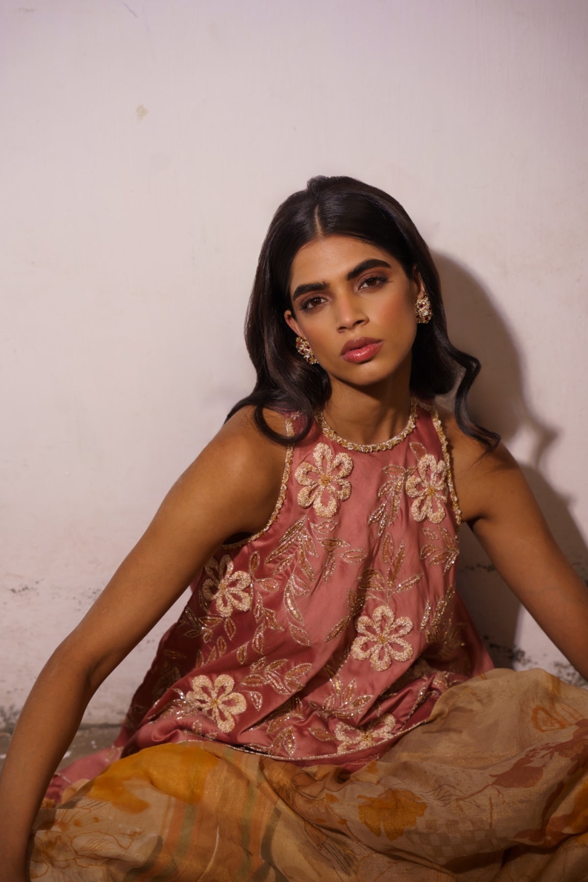 Aurora Set — portrait showing embroidered pink halter top
