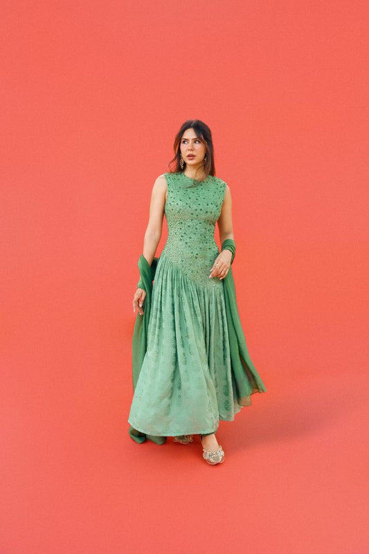 "Verdure" - Green embroidered contemporary anarkali set.