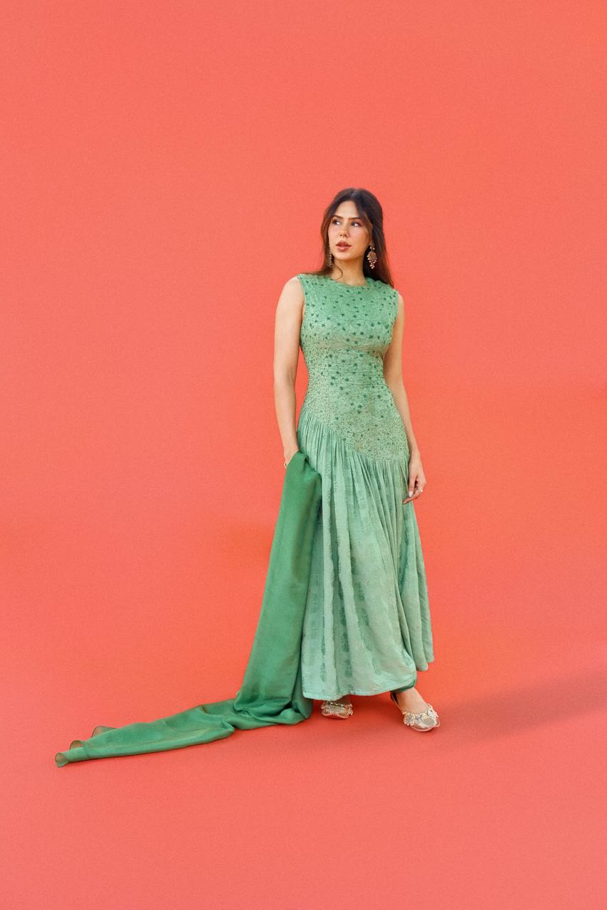 "Verdure" - Green embroidered contemporary anarkali set.